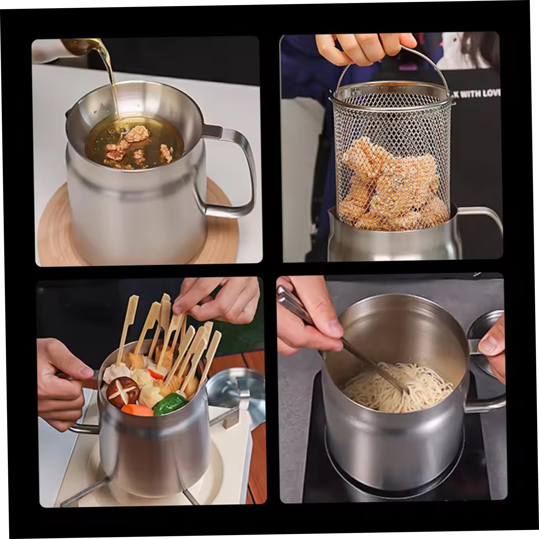 Pentola per filtro dell'olio in acciaio inossidabile, pentola per friggitrice da 1,5 l, con filtro e cestello per friggitrice, rete multifunzione per arrosti, contenitore grasso serbatoio