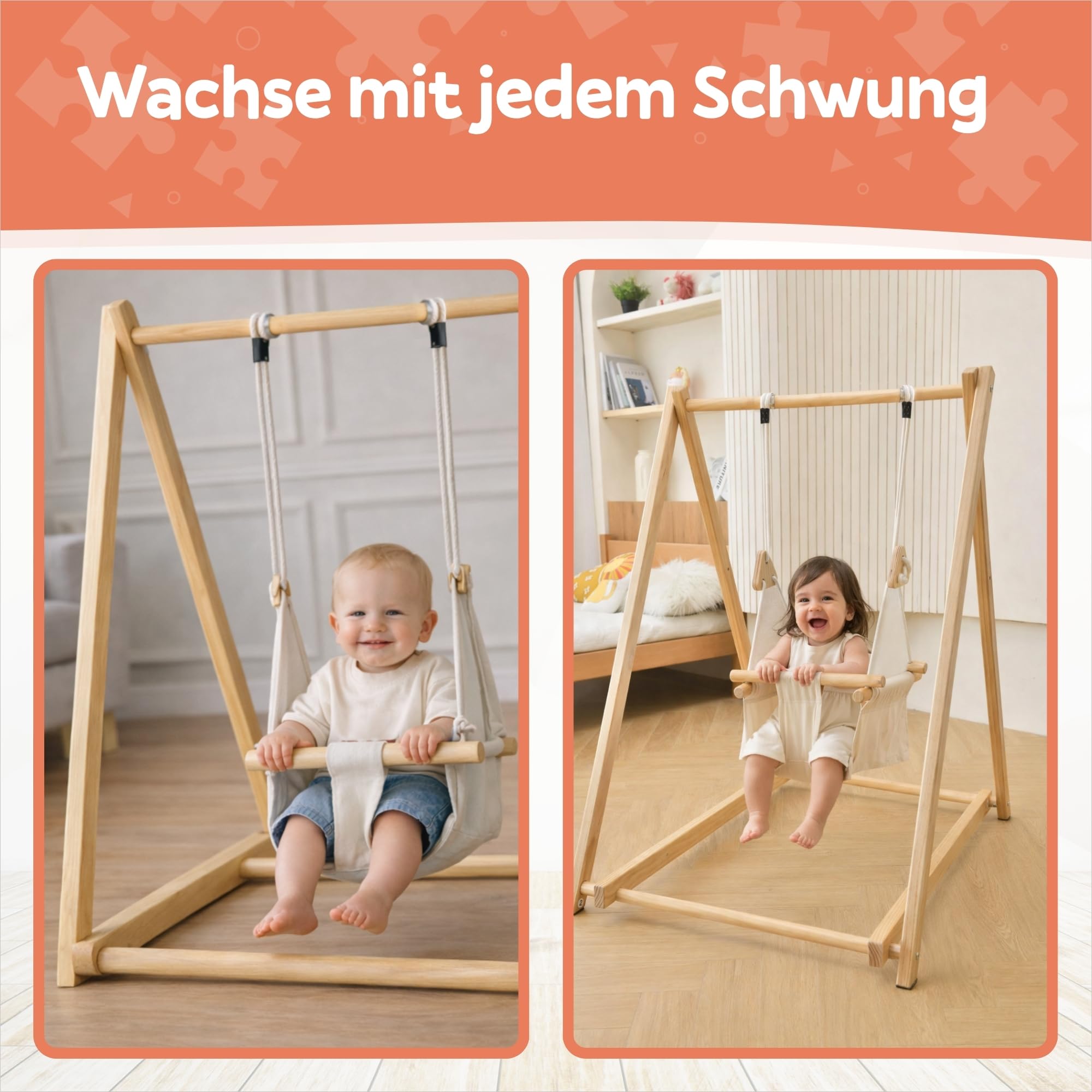Holz Babyschaukel mit klappbarem Schaukelsitz, Babyschaukelstuhl & Baby Swing aus Kiefernholz, Holzspielzeug für Babys, Indoor & Outdoor Kinderschaukel für drinnen und draußen, sicherer Babysitz