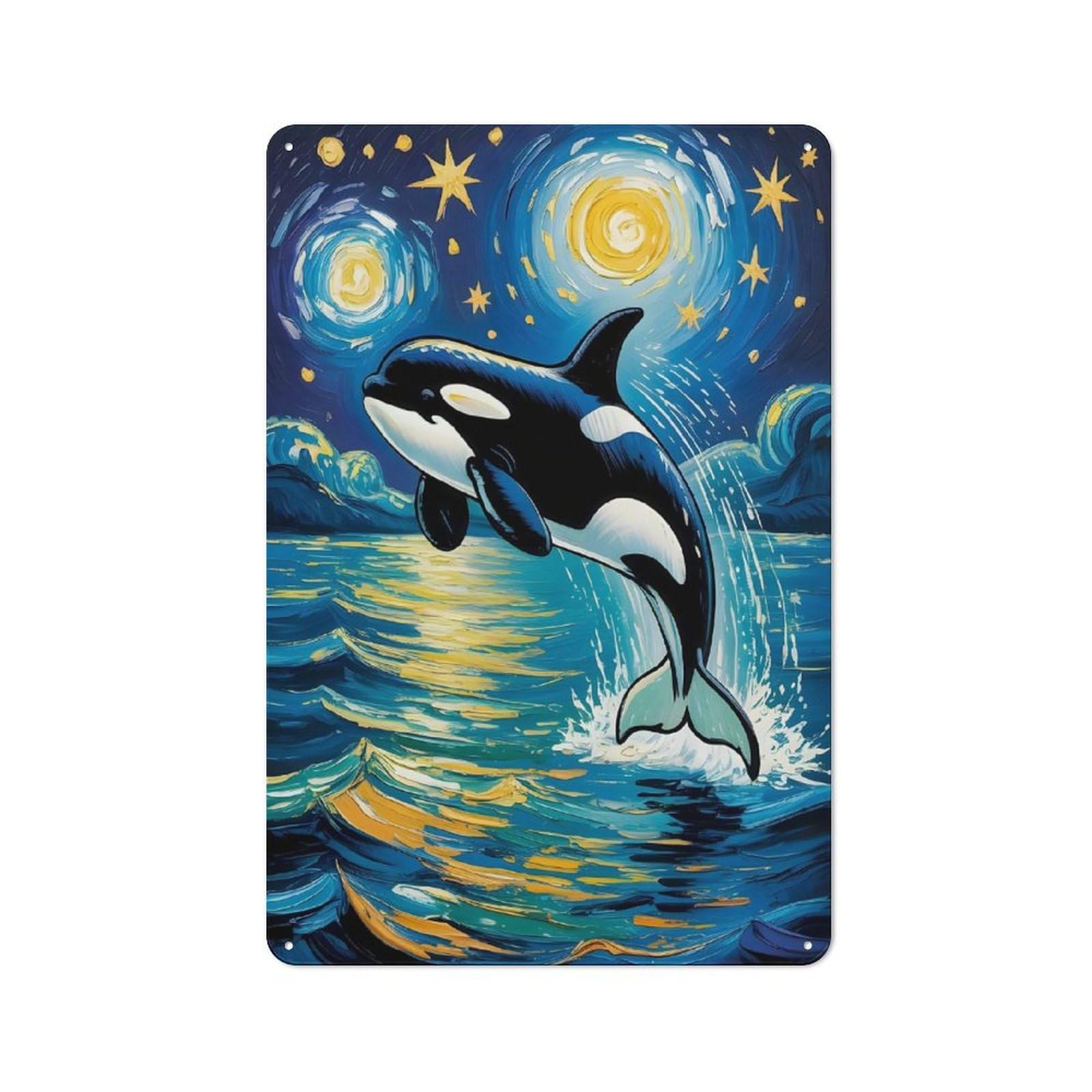 Junmoney Style-6 Vintage Metal Sign With Moonlit Ocean An Orca’s Leap Under The Starry Sky Van Gogh Style Art Design 30X20cm, Rustic Bar Wall Plaque For Bar, Kitchen, Garage Or Games Room