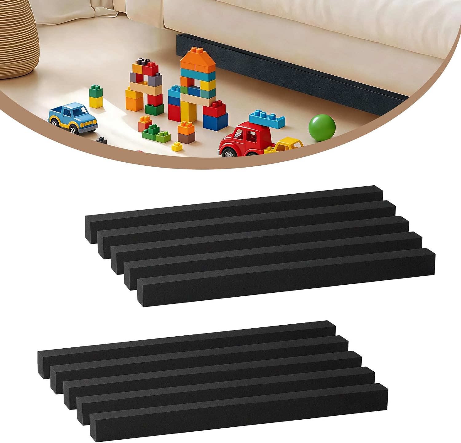 Under Couch Blocker, Couch Gap Filler - Cuttable, No-Residue, Toy Blockers for Under Furniture, Under Bed Blocker for Pets (1.2” H, 10 Pack, 160” Total)
