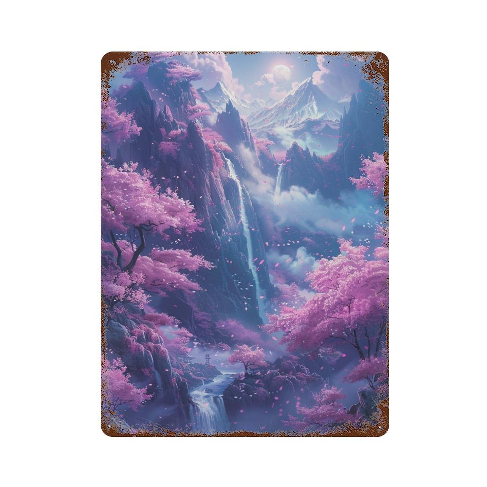 Cherry Blossom Valley with Waterfalls 15.7"x11.8" Vintage Rust Metal Sign, Shabby Chic Decor for Cafe, Home Bar And Lounge Decor