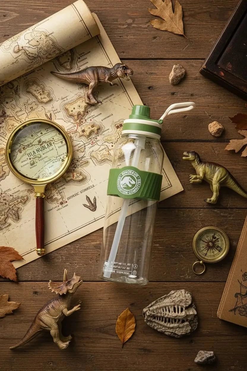 MINISO Jurassic World Saplı ve Pipetli Plastik Şişe 1000 mL (Yeşil)