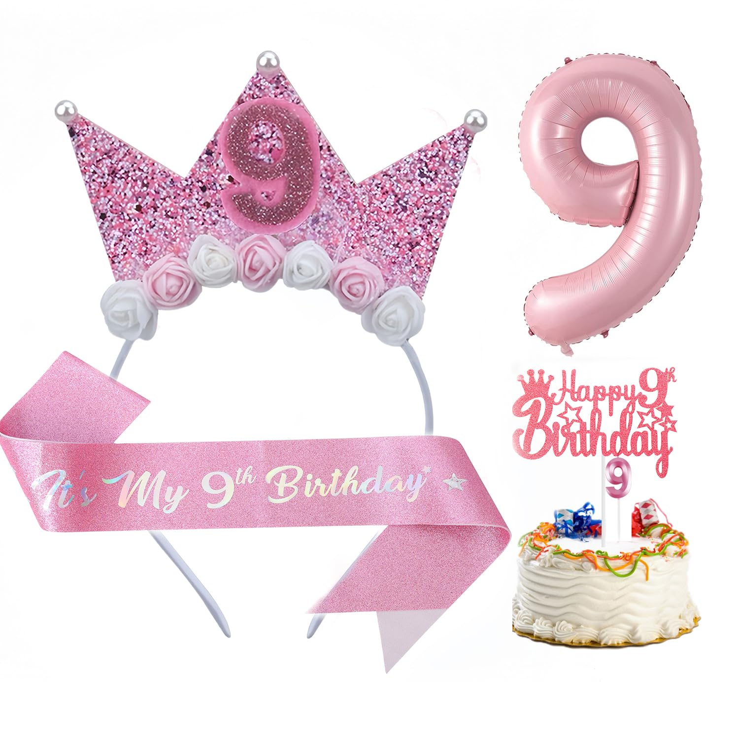 Dimetey 9th Birthday Decor for Girl,Pink Birthday Sash & Flower Headband Crown Set for Girl Princess Party Outfit Accessory (Pink 9th)