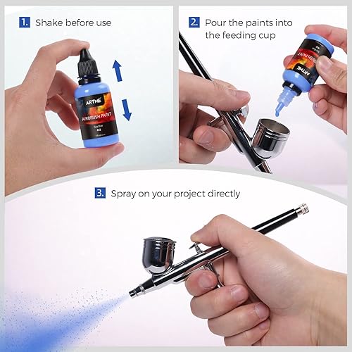 Miniatura 4 de ARTME Pintura de aerógrafo, juego de pintura de aerógrafo de 24 colores que incluye colores metálicos y neón, opaco y a base de agua, kit de pintura