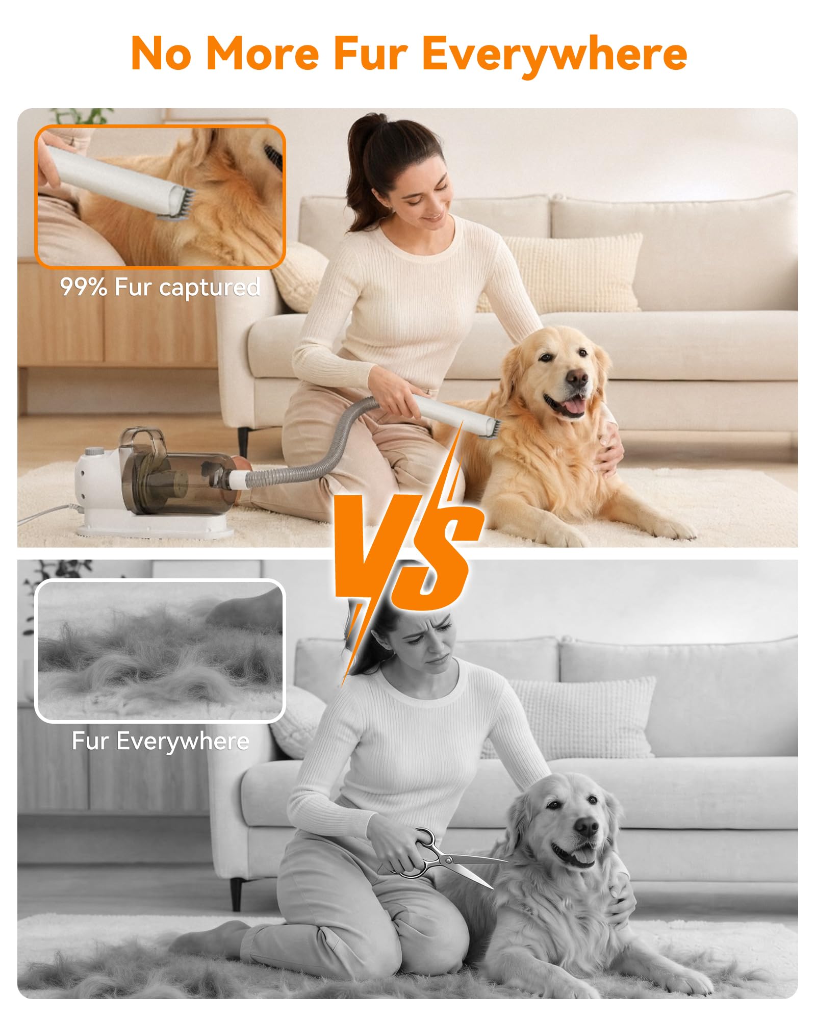 Aspiratore Tosatrice per Cani, 7 Strumenti, Silenzioso 1.5L (Bianco) | 7 Strumenti di Toelettatura, Contenitore 1.5L, ultra Silenziosa, per Pelo lungo e Spesso, Adatto per Animali Domestici