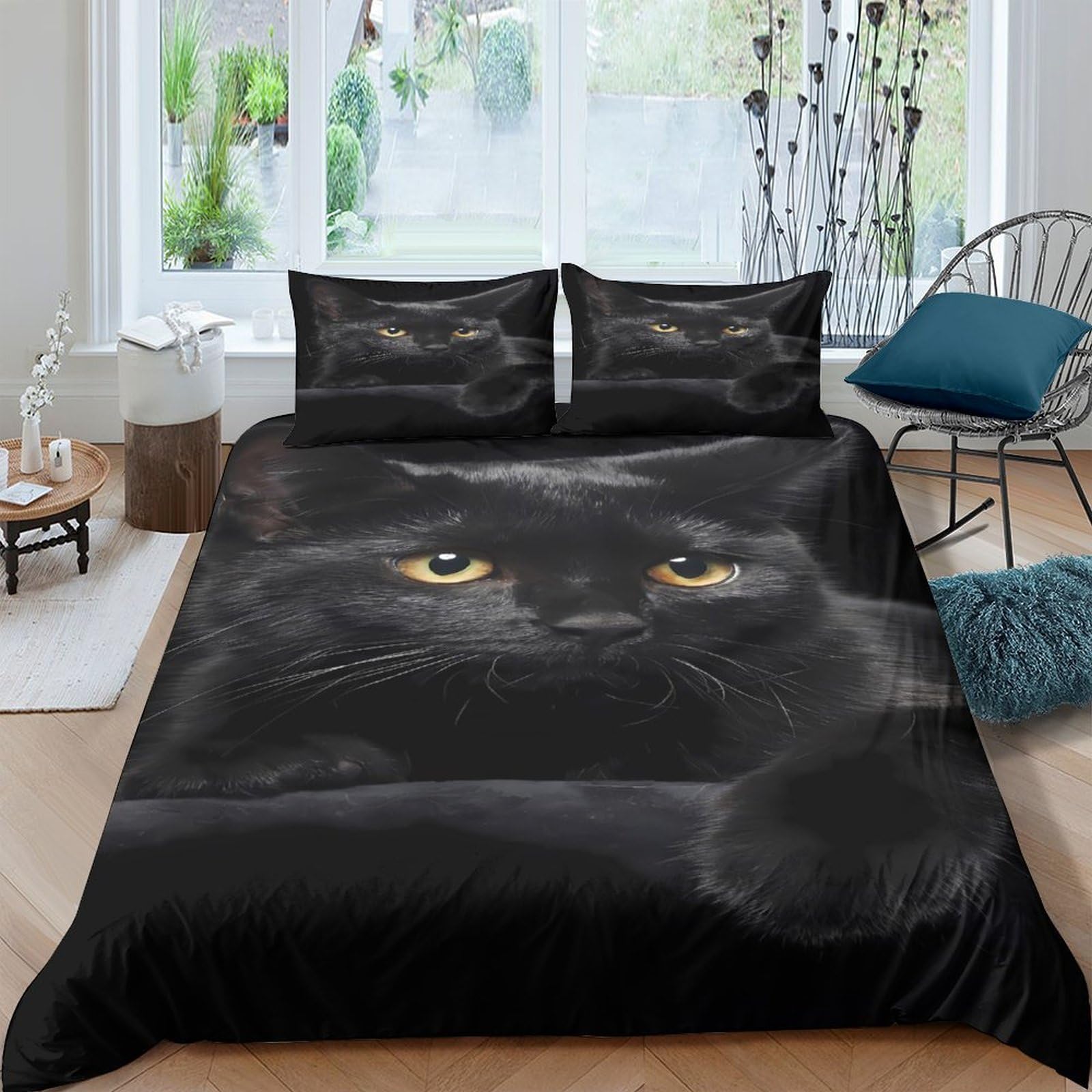 Ctjqhvkz Style-1 3D Printed Black Cat Fitted Sheet Microfiber Soft Bed Cover Realistic Animal Eyes Bedroom Decor Mattress Protector Single（135X200cm）
