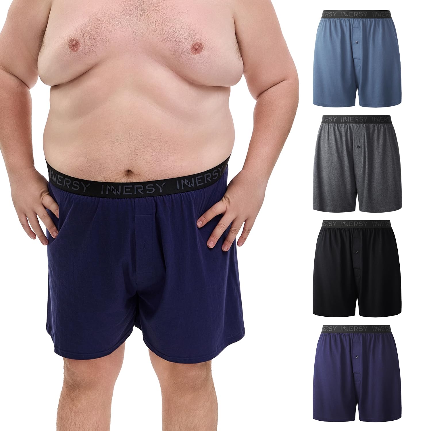INNERSY Men’s Big and Tall Cotton Boxers Shorts Loose Fit Moisture Wicking Underwear 4-Pack