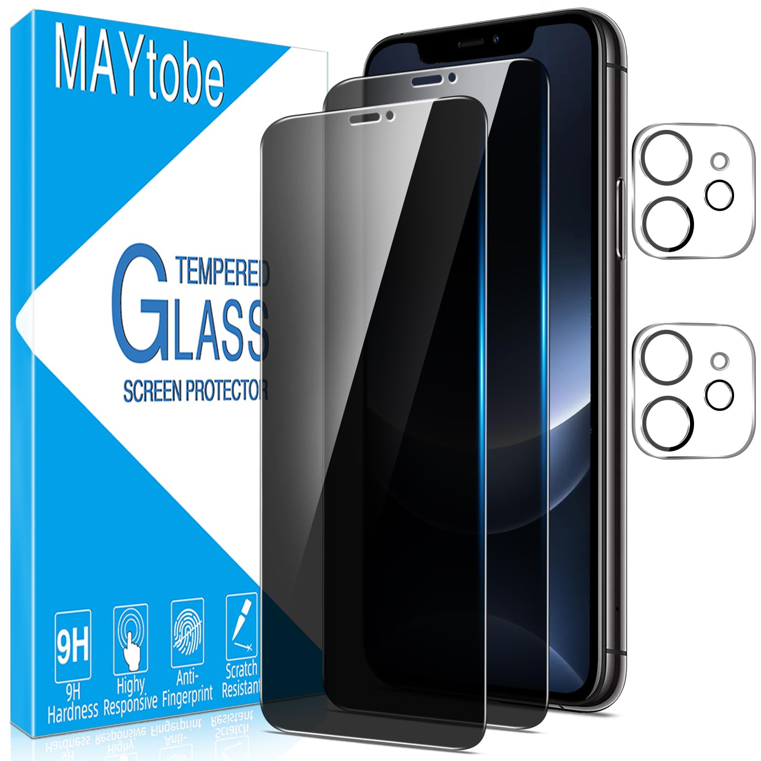 MAYtobe Protector Pantalla Privacidad para iPhone 11 y Protector Camara | 2+2 Unidades Cristal Vidrio Templado y Lente Cámara, Anti Espía, Antiarañazos, Sin Burbujas, Dureza 9H