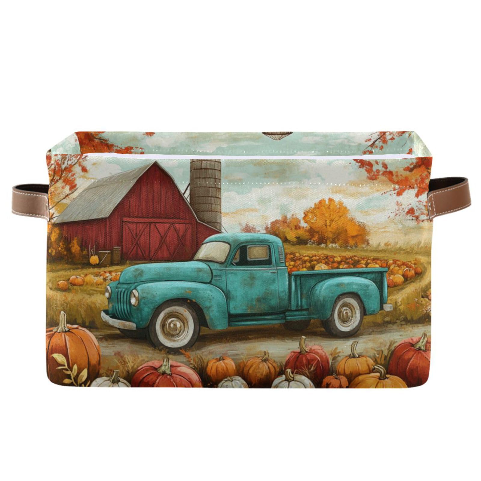 Aslsiy Storage Basket Autumn Pumpkins Truck Maple Nursery Bins Fall Tree Baby Box Canvas Clothes Shelf Basket Laundry Hampers 1 Pcs