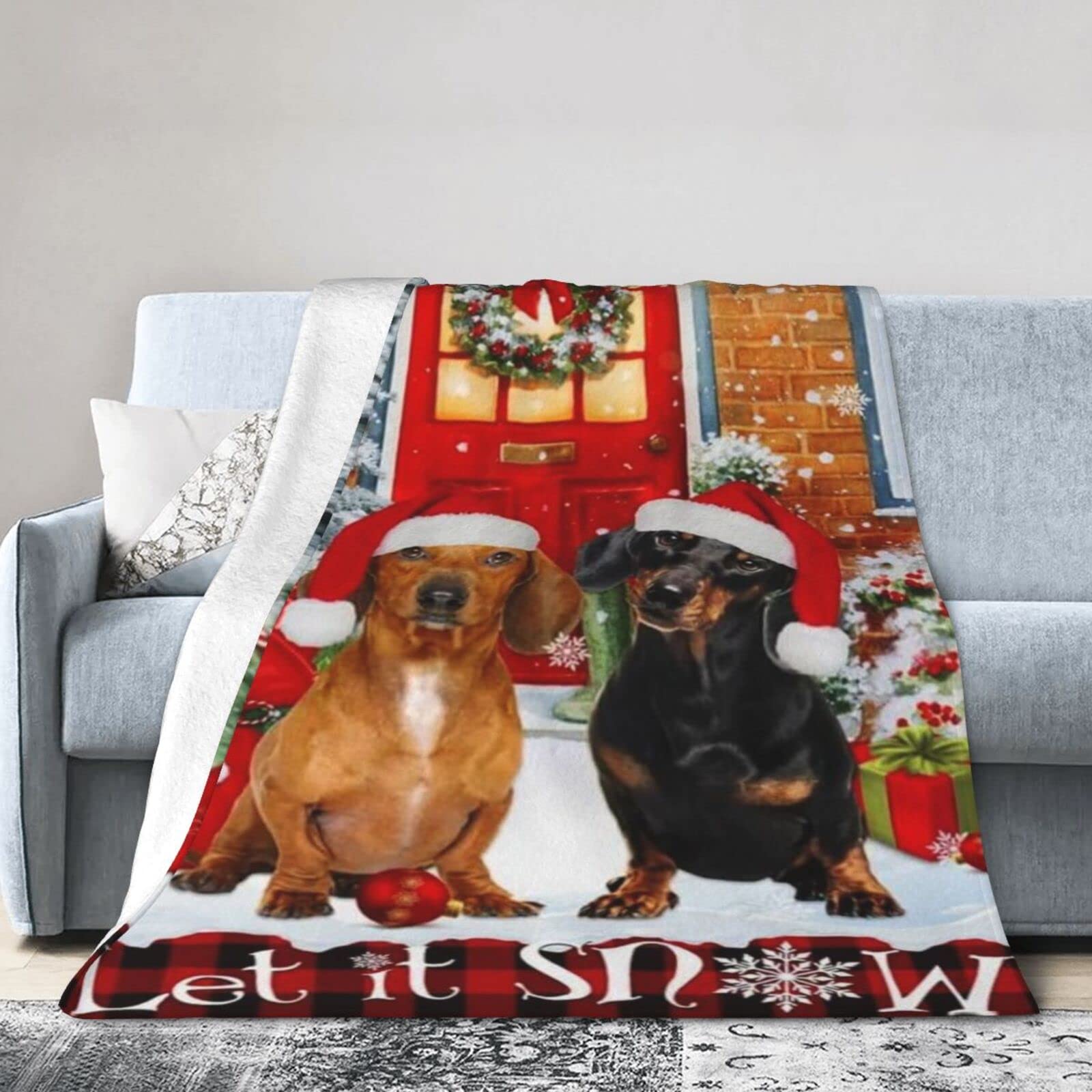 Lsjuee Christmas Flannel Fleece Blanket 50"X40" Let It Snow Dachshund Sofa Throw Blanket Quality Ultra-Soft Travel Winter Blankets for Kids Keep Warm
