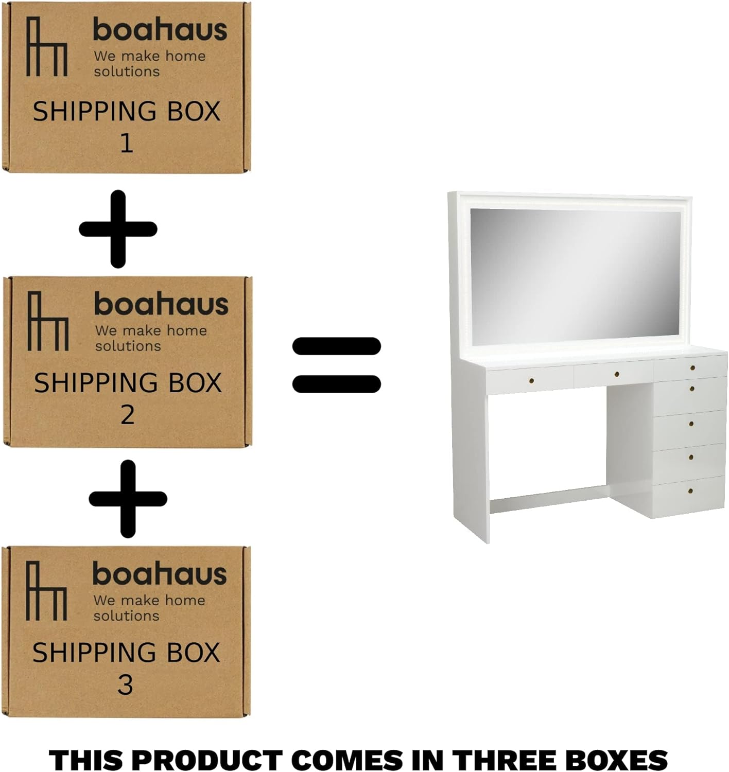 Boahaus Selene Modern Makeup Vanity Desk with LED Lights Strip, 07 Drawers, Large Top, Sturdy Frame, and Hollywood Vanity Mirror with Lights, Gold Knobs, White Makeup Desk for Bedroom