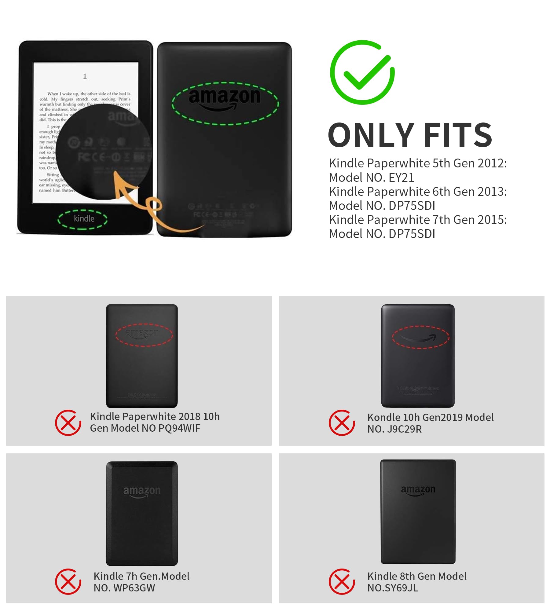 Étui à Rabat magnétique Compatible avec Kindle Paperwhite 2012-2017 (7e/6e/5e génération, numéro de modèle : EY21, DP75SDI) avec dragonne et Fonction Veille/réveil Automatique, Noir