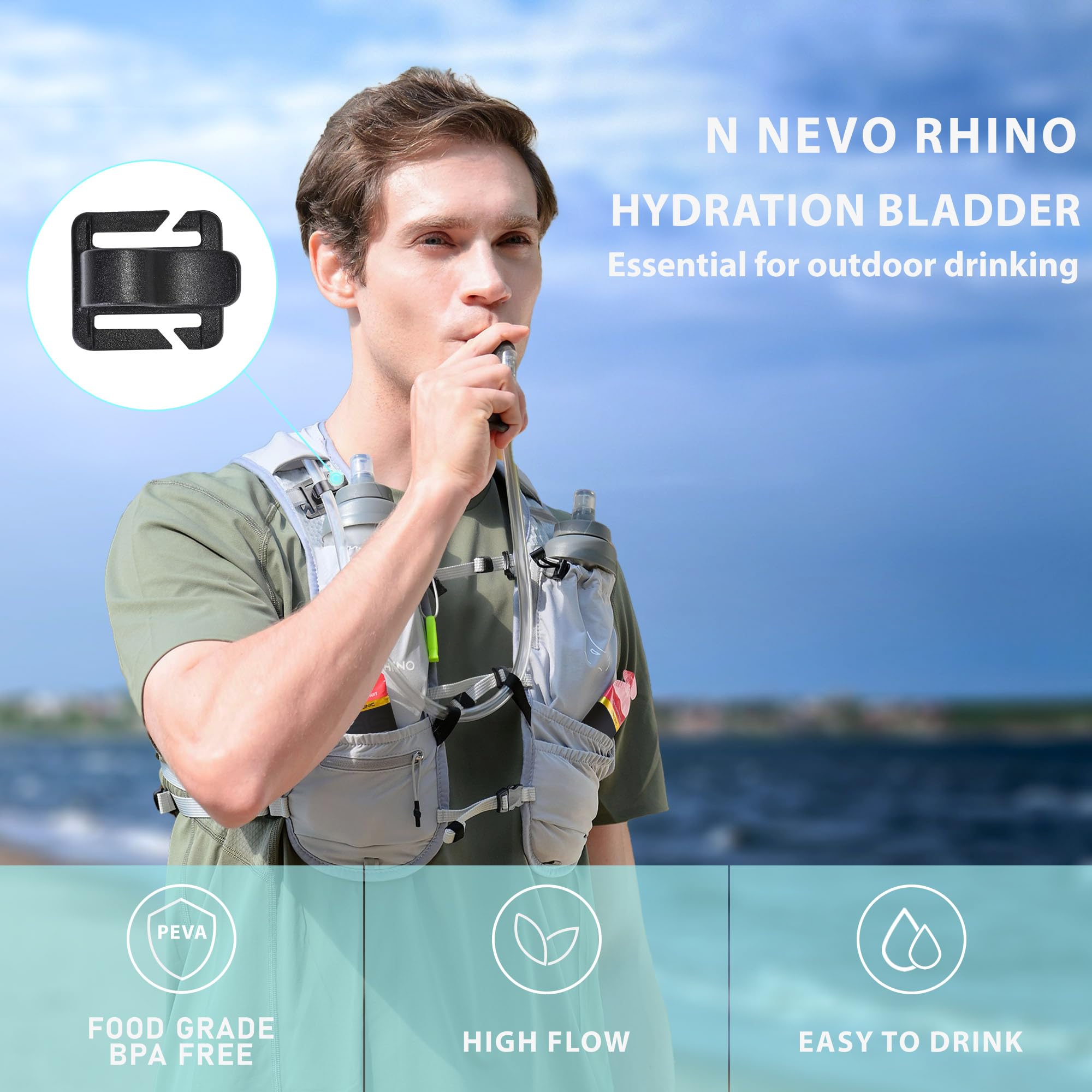 N NEVO RHINO Wasserblase 1,5 l - 2 Liter, BPA-freie Trinkblase für Wanderrucksack, Laufweste, auslaufsichere Wasserspeicher-Aufbewahrungstasche für Camping & Outdoor-Abenteuer