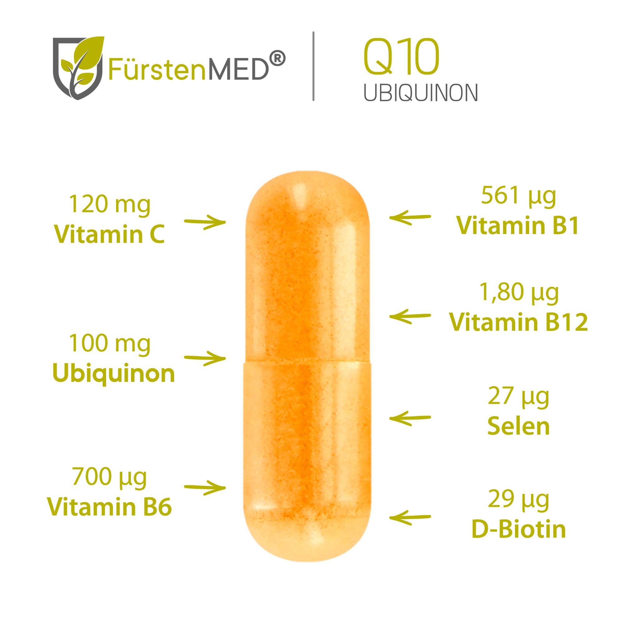 FürstenMED® Coenzym Q10 Ubiquinon Kapseln + Vitamin B1, B6, B12, Selen, Biotin und Vitamin C - 60 Q10 Kapseln Ubichonon mit 100mg Coenzym - Hochdosiert Vegan & ohne Zusatzstoffe