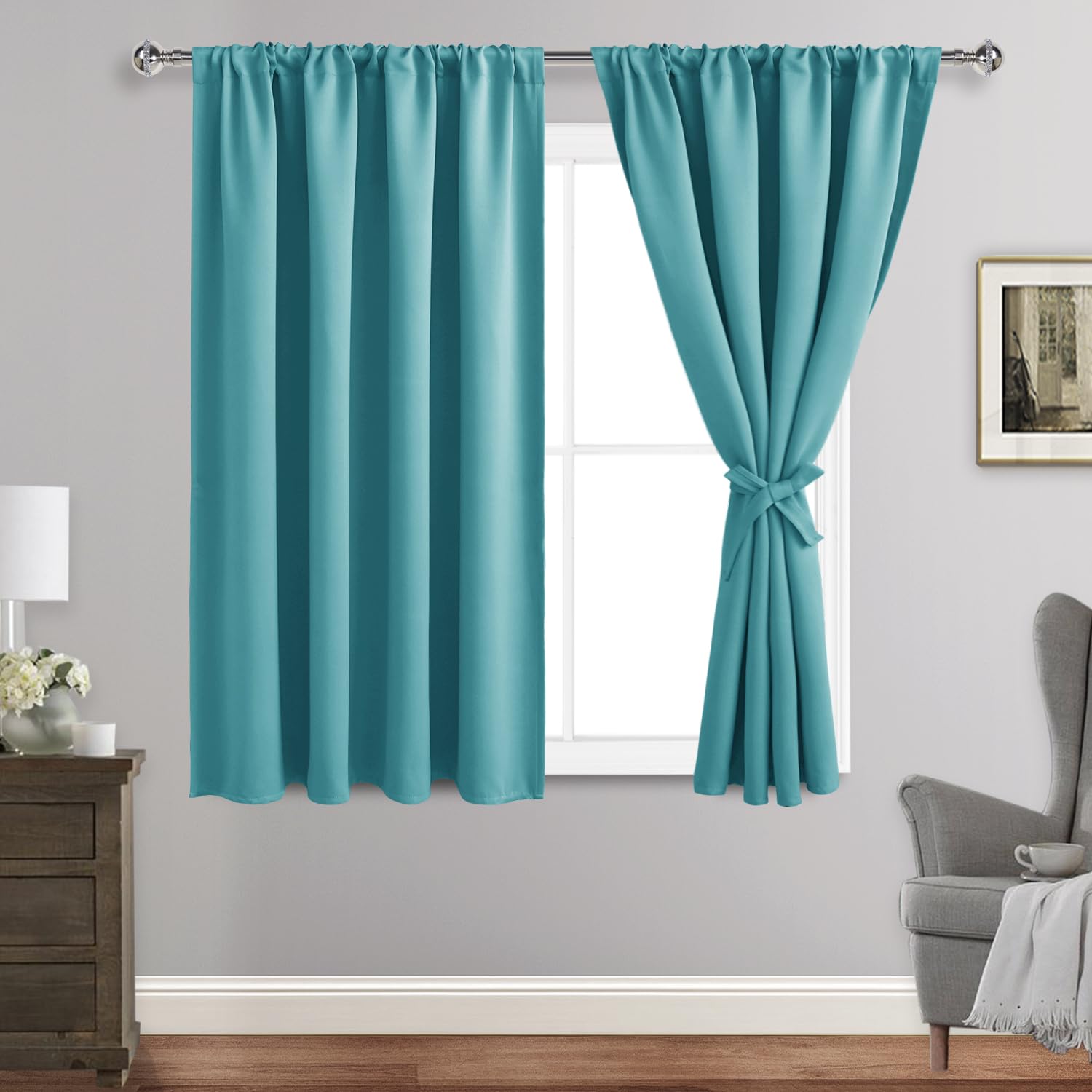 JIUZHEN Blackout Curtains for Bedroom - Thermal Insulated Room Darkening Noise Reducing, 52 x 45 Inch Length Curtains for Living Room, Set of 2 Panels with Tiebacks, Turquoise — image 1