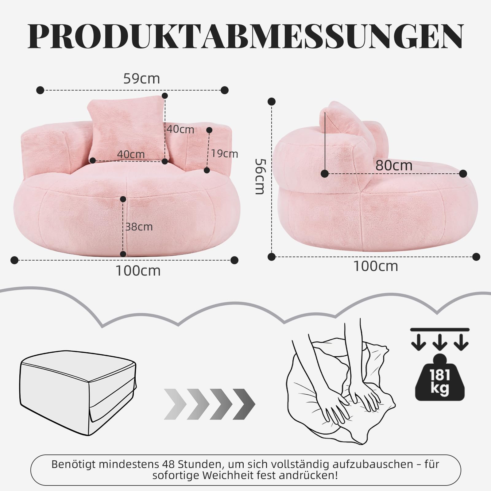 Sitzsack Erwachsene mit Füllung, Geräuschloser Runder Bean Bag mit Schaumstoff-Schnitzeln, Lesesessel & Gaming Sessel, Premium Kaninchenplüsch in Blütenform mit Kissen,Rosa