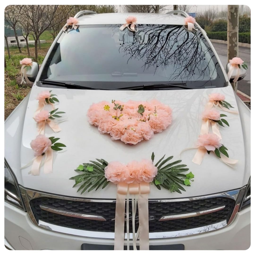 Décoration de voiture de mariage - Fleurs artificielles en soie - Cœur - Guirlande de capot - Poignée de porte de voiture - Décoration florale pour voiture de mariage - Décoration de voiture de