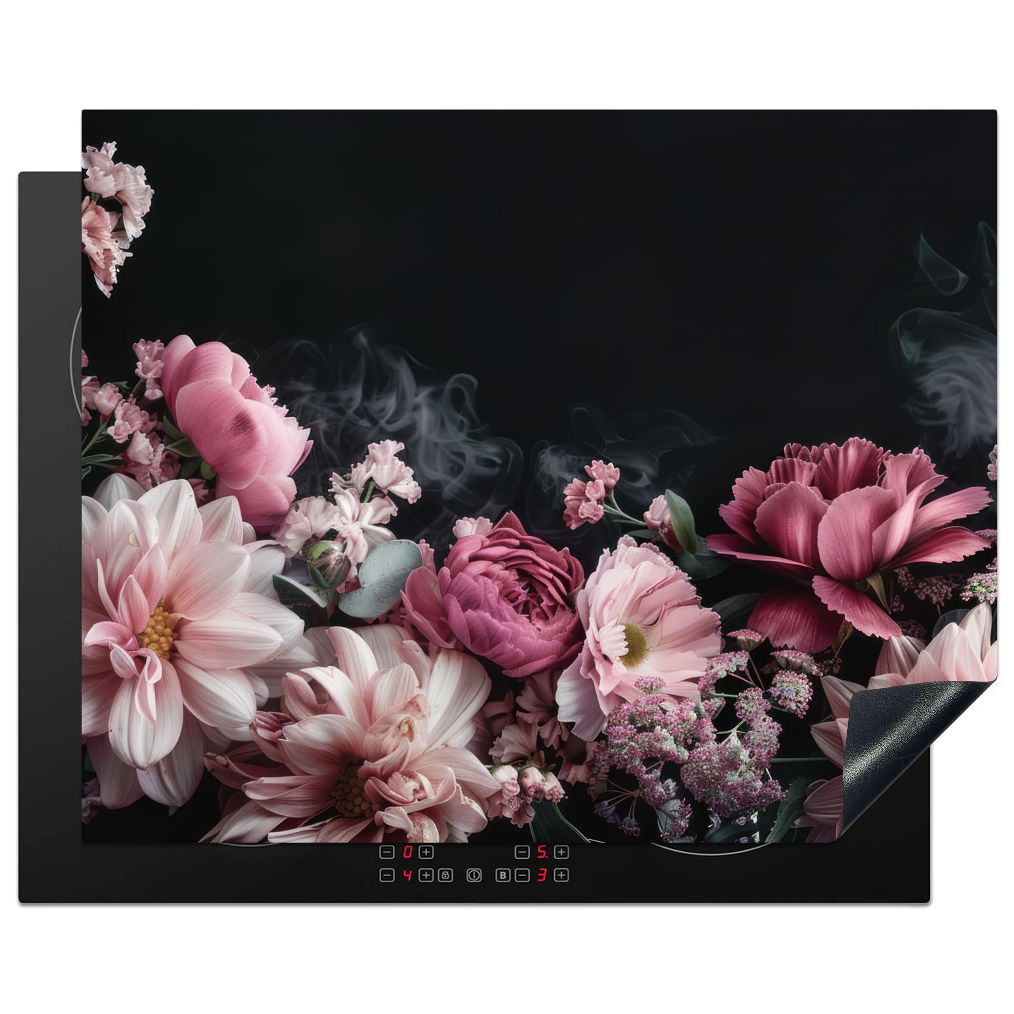 KitchenYeah© Herdabdeckplatte Einteilig Ceranfeld Abdeckplatte Küche Deko Ceranfeldabdeckung Herdabdeckung Induktionsmatte Blumen - Rosa - Natur - Schwarz - 65x52 cm