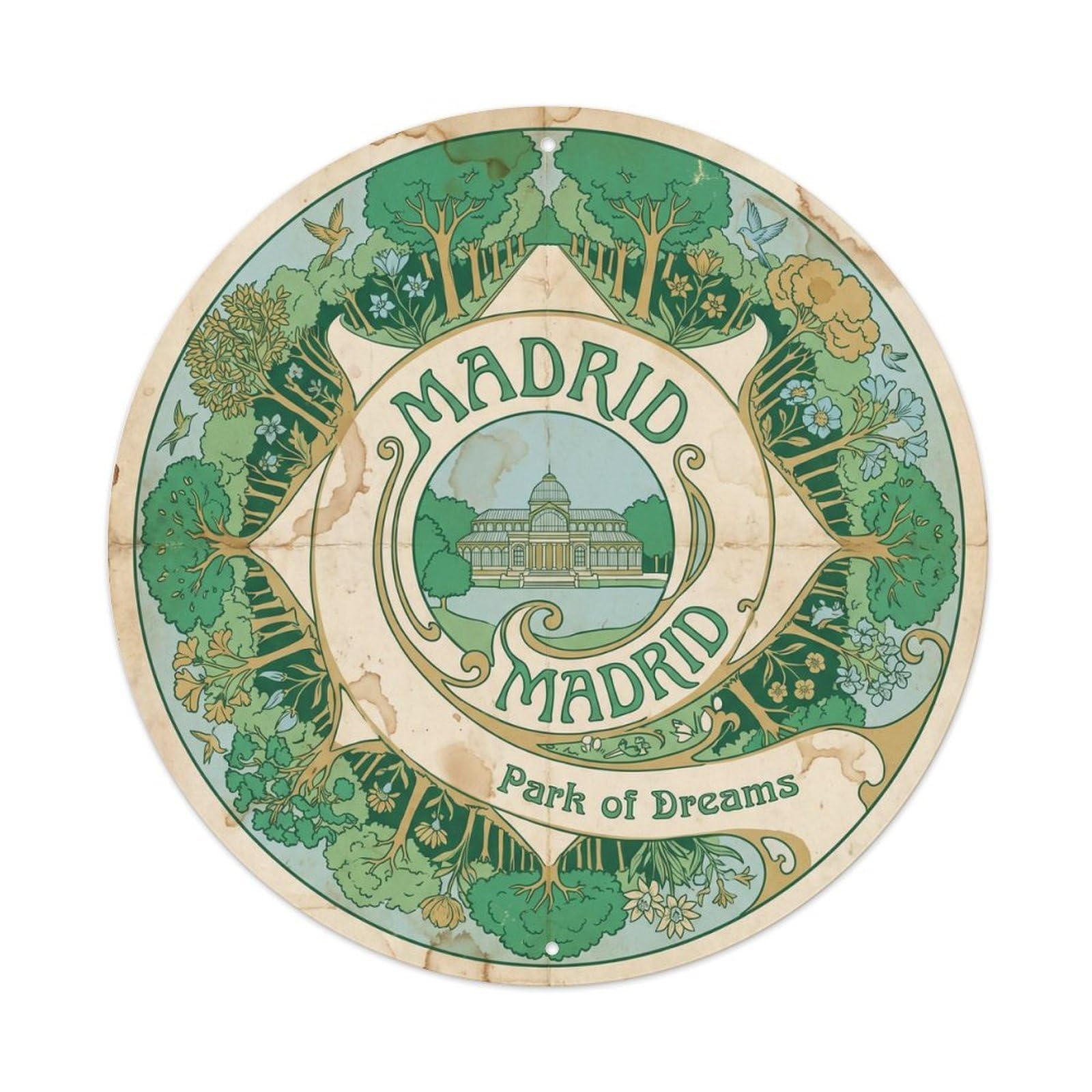 Yrnq Vintage Style Vintage Travel Madrid Park Spain Vintage Metal Tin Sign Plaque Wall Decor For Cafe, Club, Garden Round Metal Poster 8X8inch
