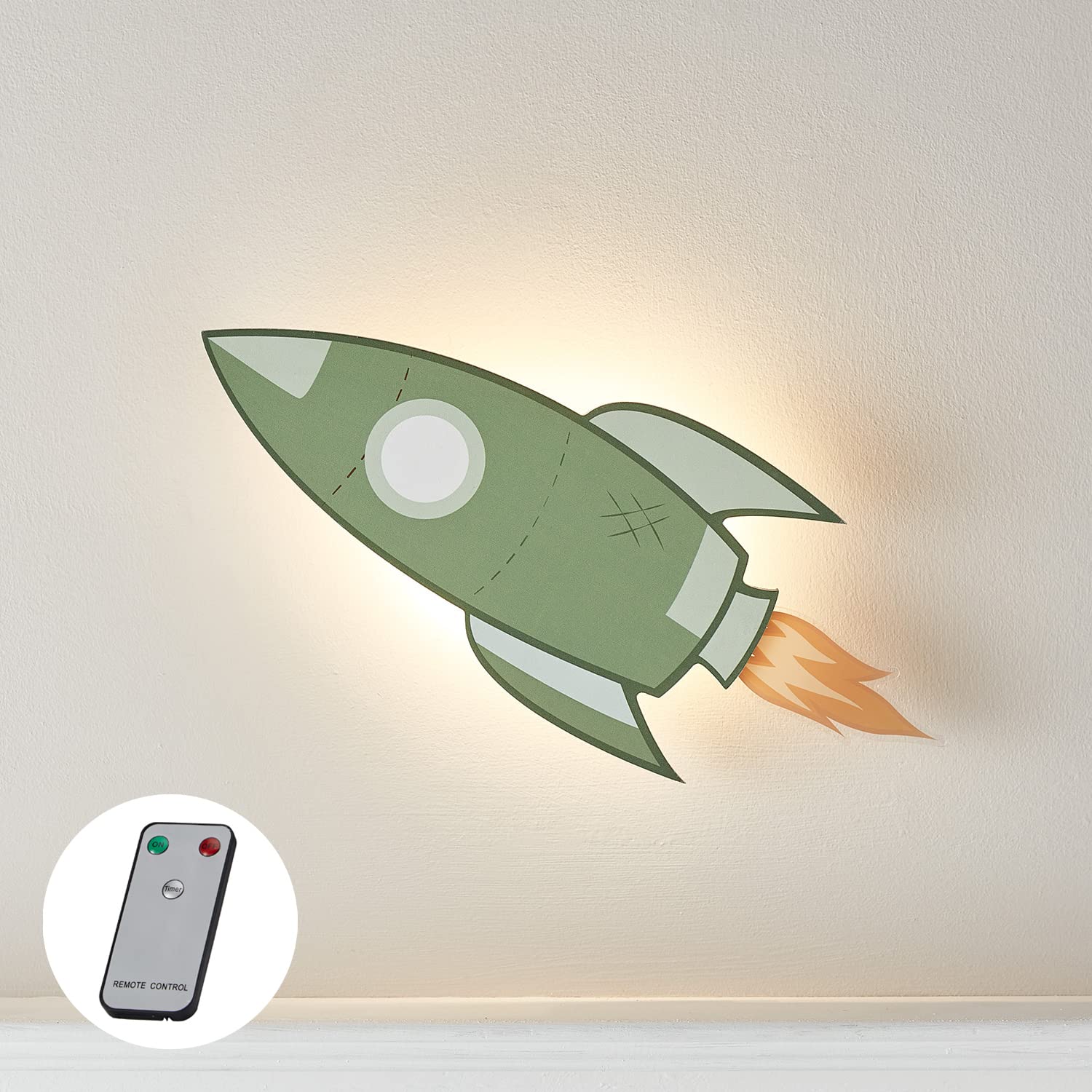 Lights4fun, Inc. Green Space Rocket Battery Operated LED Bedroom Wall Night Light with Remote Control