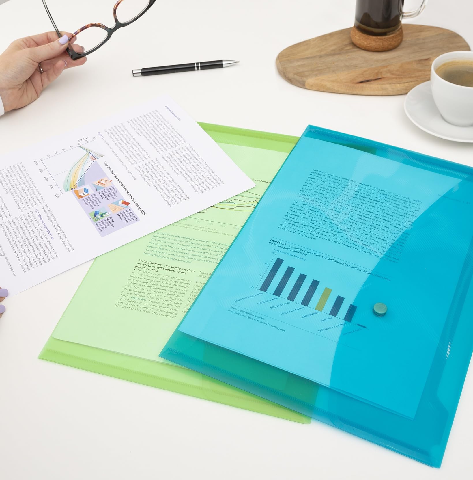 Rapesco 0688 ECO Recycelte Dokumentenmappe mit Druckknopf, A4+, Sortierte Transparente Farben, 5 Stück