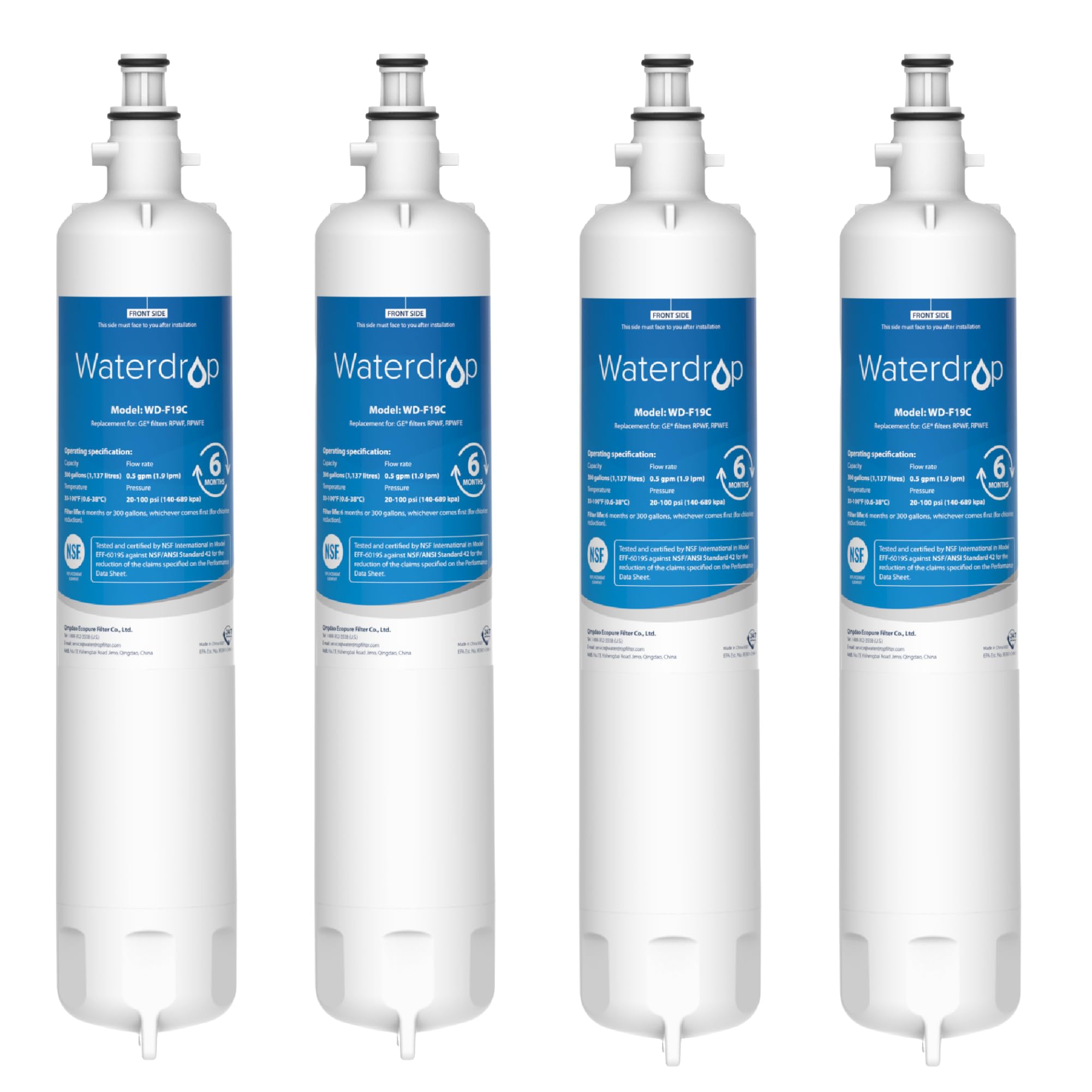 WaterdropReplacement for GE® RPWFE®, RPWF (Built-in CHIP) Refrigerator Water Filter, Compatible with GFE28GYNFS, GFE28GELDS, PFE28KELDS, PFE28KYNFS, GFD28GELDS, PWE23KELDS, 4 Filters