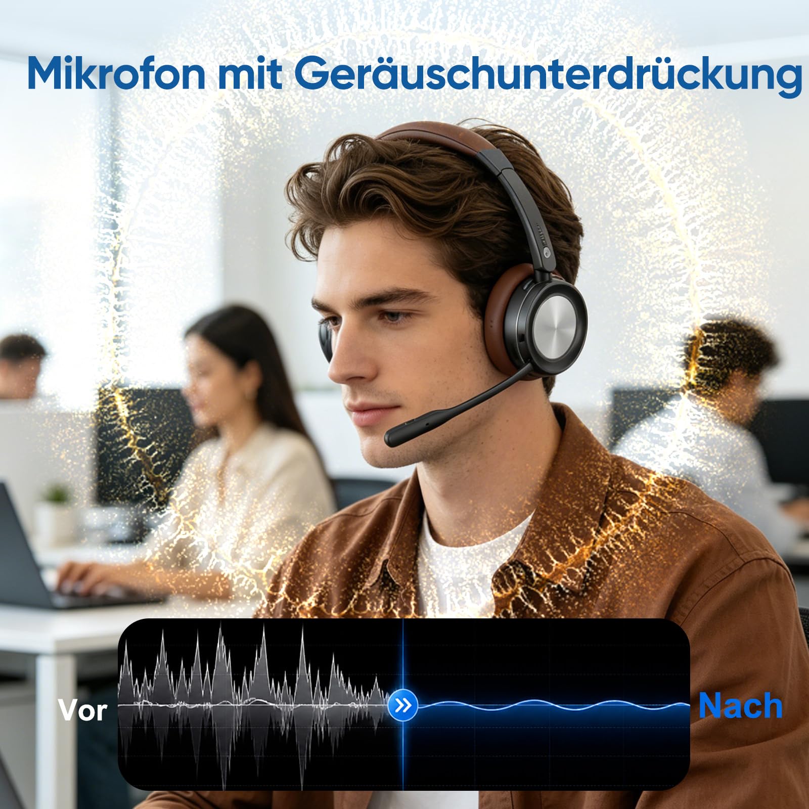 Kabelloses Headset mit Mikrofon, Bluetooth Headset mit Ladestation, Mono Wireless Kabelloses Headphone mit Mikrofon und USB Dongle, Call Center Headphone für Computer Laptop Teams Büro Zoom