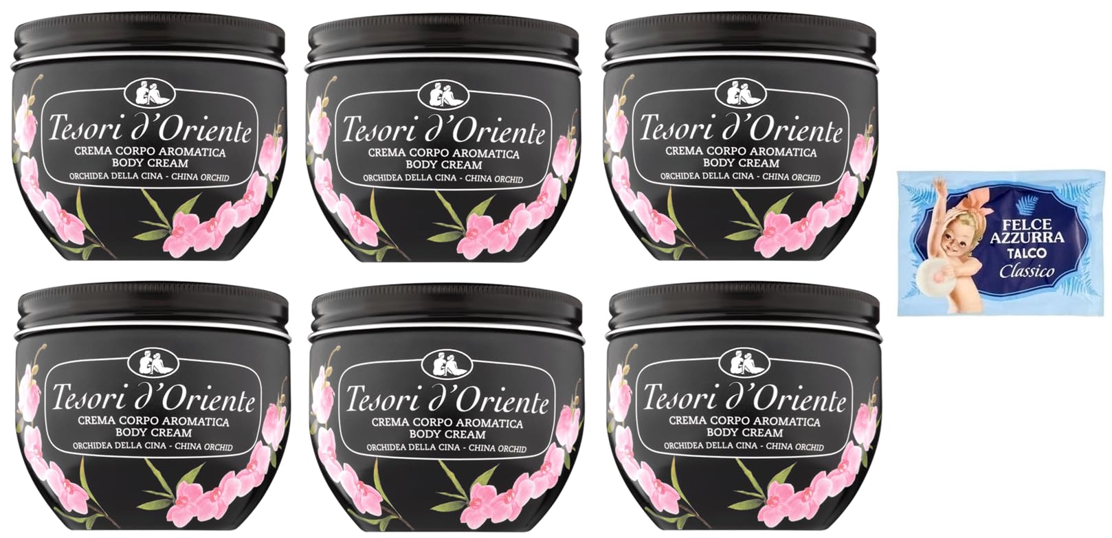 6er-Pack Tesori d’Oriente Crema Corpo Orchidea della Cina,Körpercreme Orchidee aus China,300ml + 1er-Pack Kostenlos Felce Azzurra Talkumpuder, 100g-Beutel