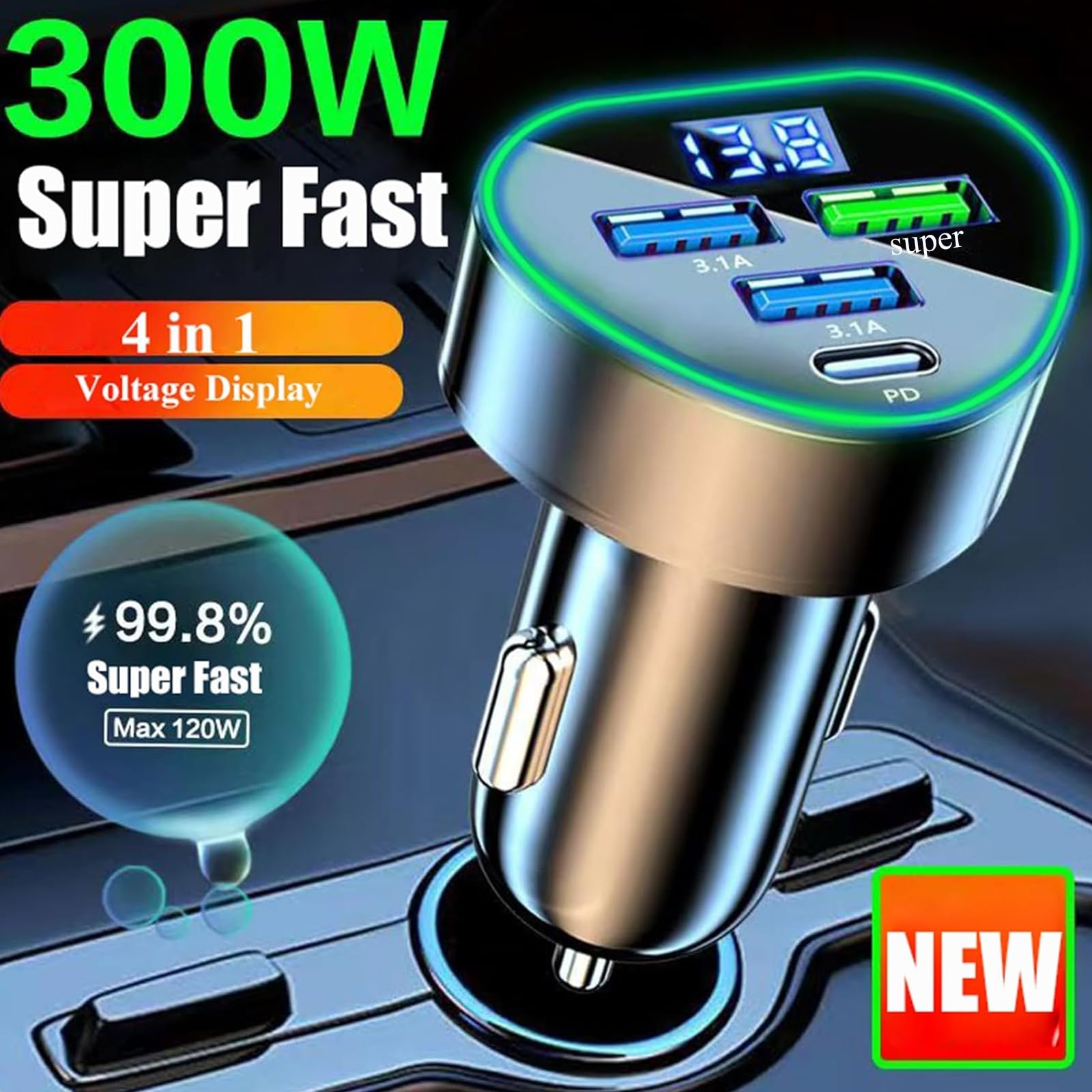Multi Port USB C Car Phone Charger Adapter 4 in 1 with Voltage Display Super Fast Cigarette Lighter USB Charge with Volt Meter for iPhone 16/15/14/13/12 Galaxy Android Phones