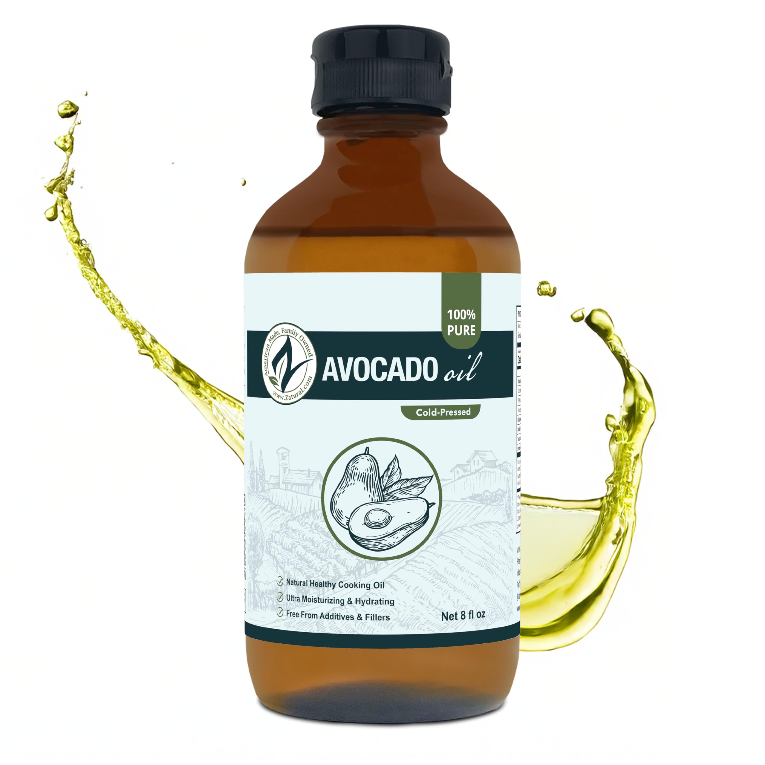 Zatural 100% Avocado Oil Pure Natural Without Additives, Clean, Cold Pressed, Non-GMO, Vegan: for Cooking, Frying, Baking and for Sauces, Dressings, Marinades, Salads (8oz GLASS)