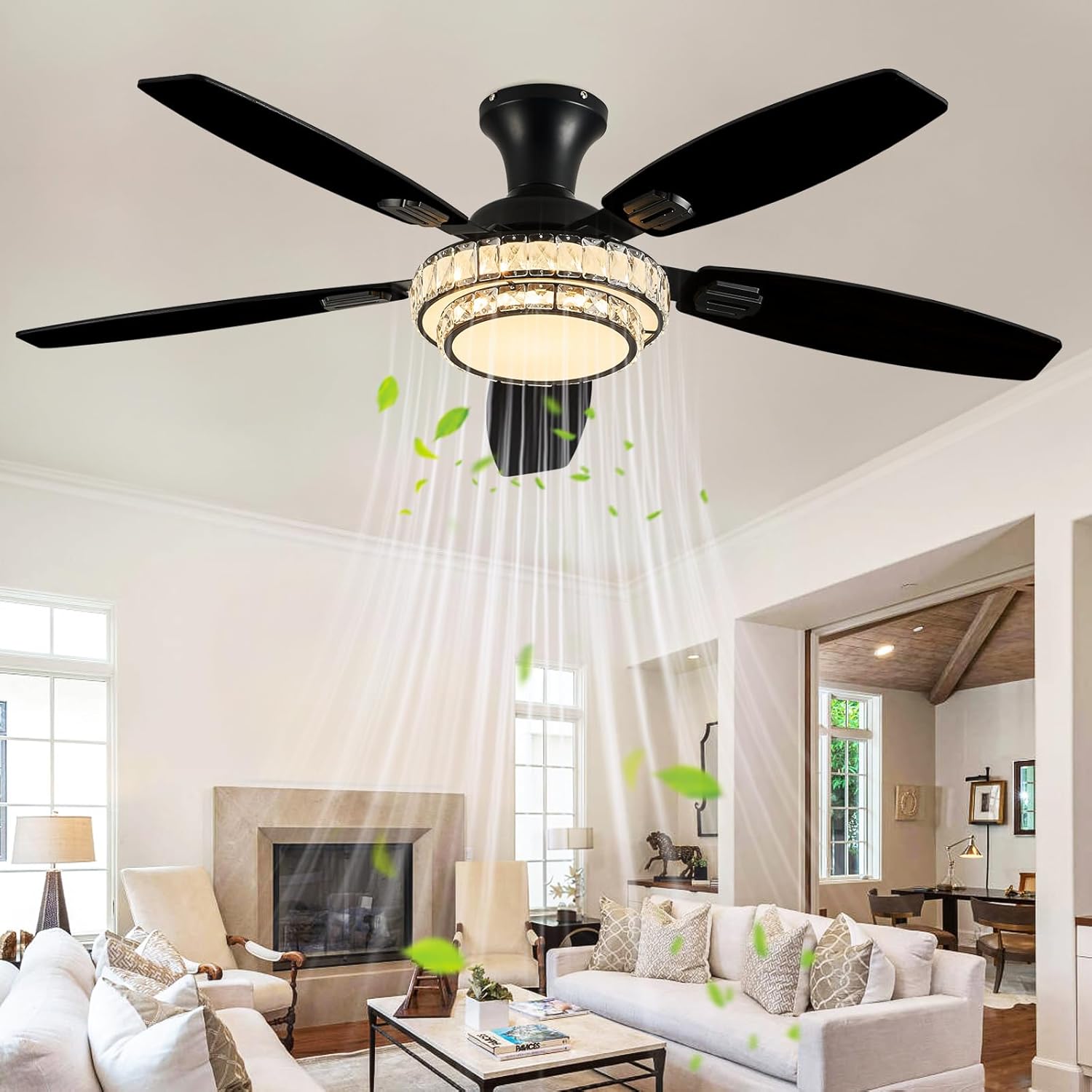Ceiling Fans with Lights - Crystal Ceiling Fan, 52" Low Profile and Remote Control, Flush Mount, Reversible, 3CCT, Dimmable, Noiseless, Black Ceiling Fan for Bedroom