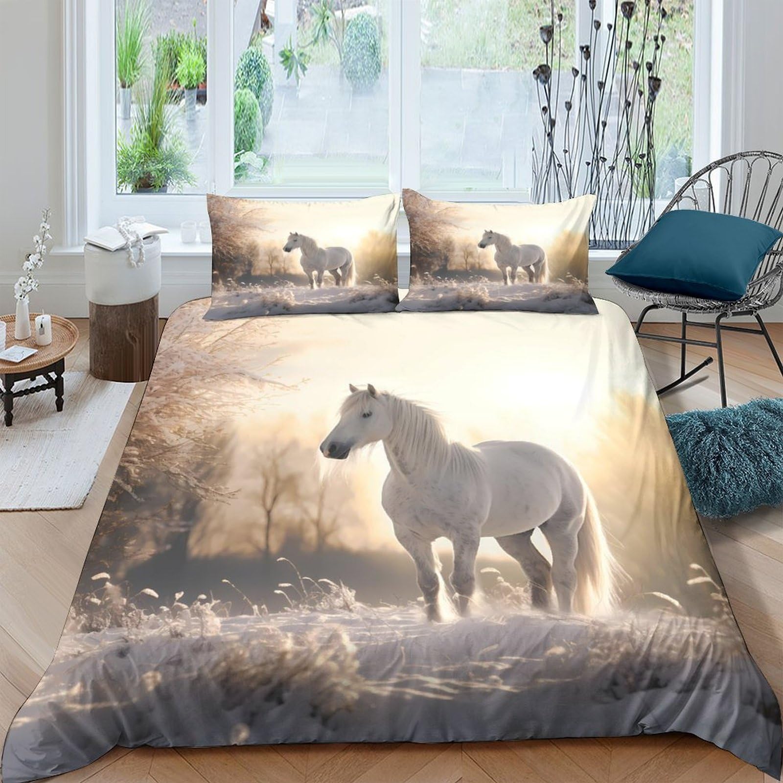 Ctjqhvkz Style-9 3D Printed White Horse Sunrise Fitted Sheet Microfiber Bed Cover Anti-Slip Easy Care For Bedroom Guest Room Decor Single（135X200cm）