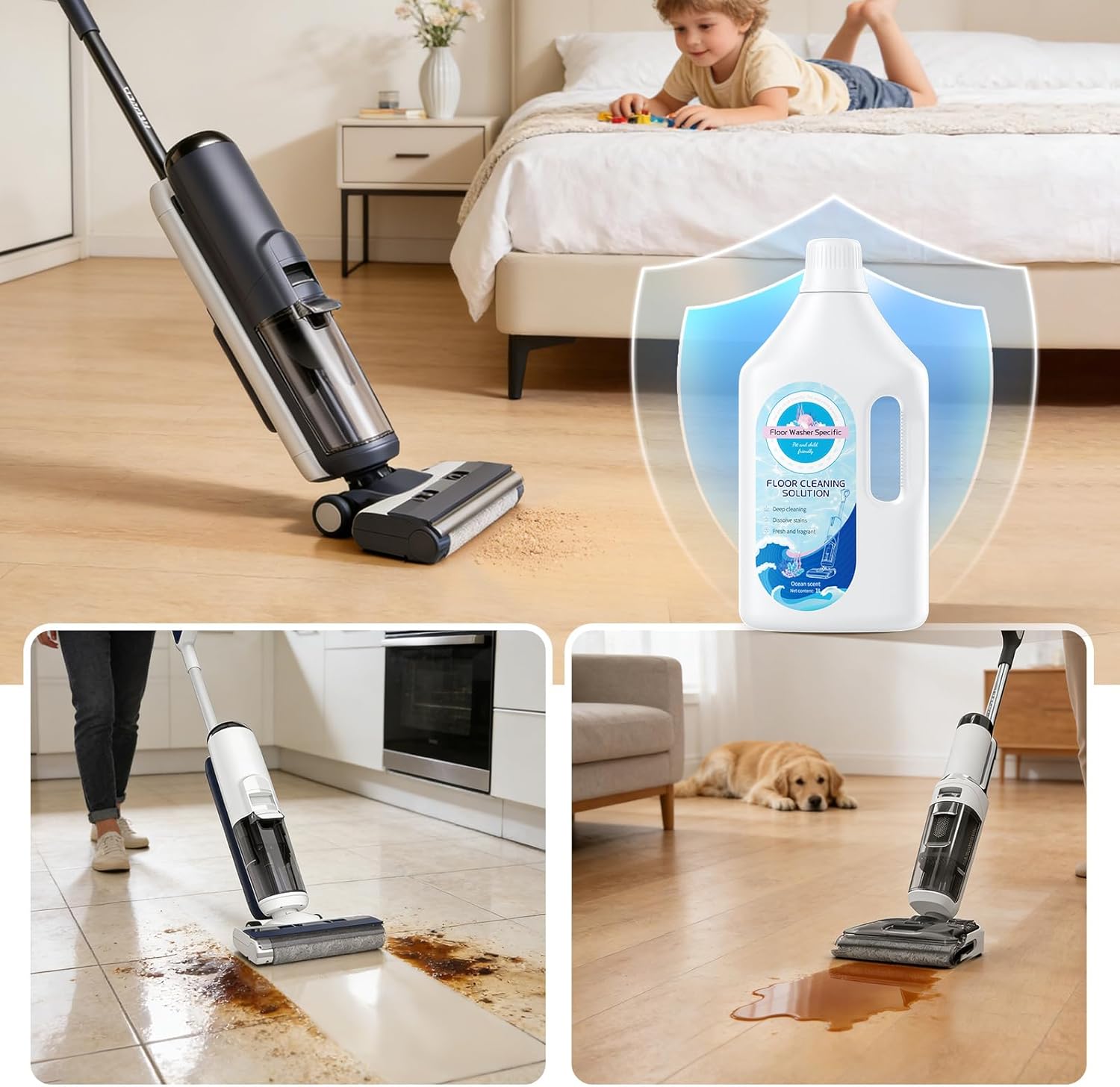 1 L Floor Cleaner Compatible with Tineco/Roborock/Shark/Bissell/Swiffer, Suitable with All Robotic Vacuum Mop and Cordless Wet/Dry Vacuum Mop Cleaner, Multi-Surface Deodorizing & Cleaning Solution