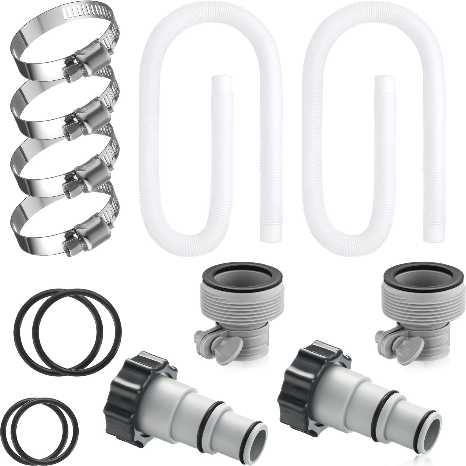 2 Pcs 1.5in Diameter 59in Length Swimming Pool Filter Hose with 4 Pcs Hose Clamps 2 Pcs 1.25" to 1.5" Type B Hose Adapter 2 Pcs Replacement Hose Adapter w/Collar for Pumps Above Ground Pools (White)