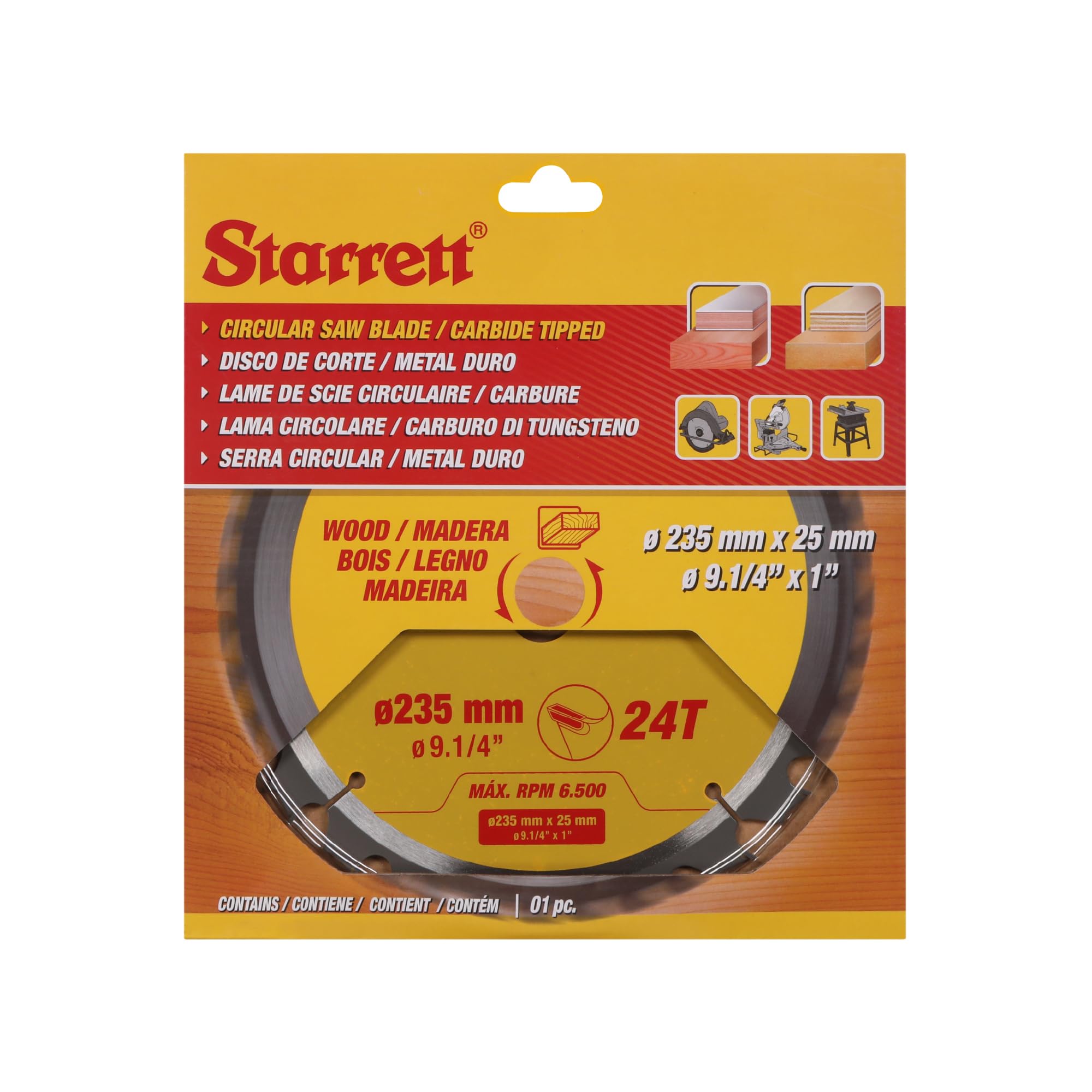 Starrett Lame de scie circulaire TCT 235 mm pour bois, 24 dents, alésage 16/19/25 mm