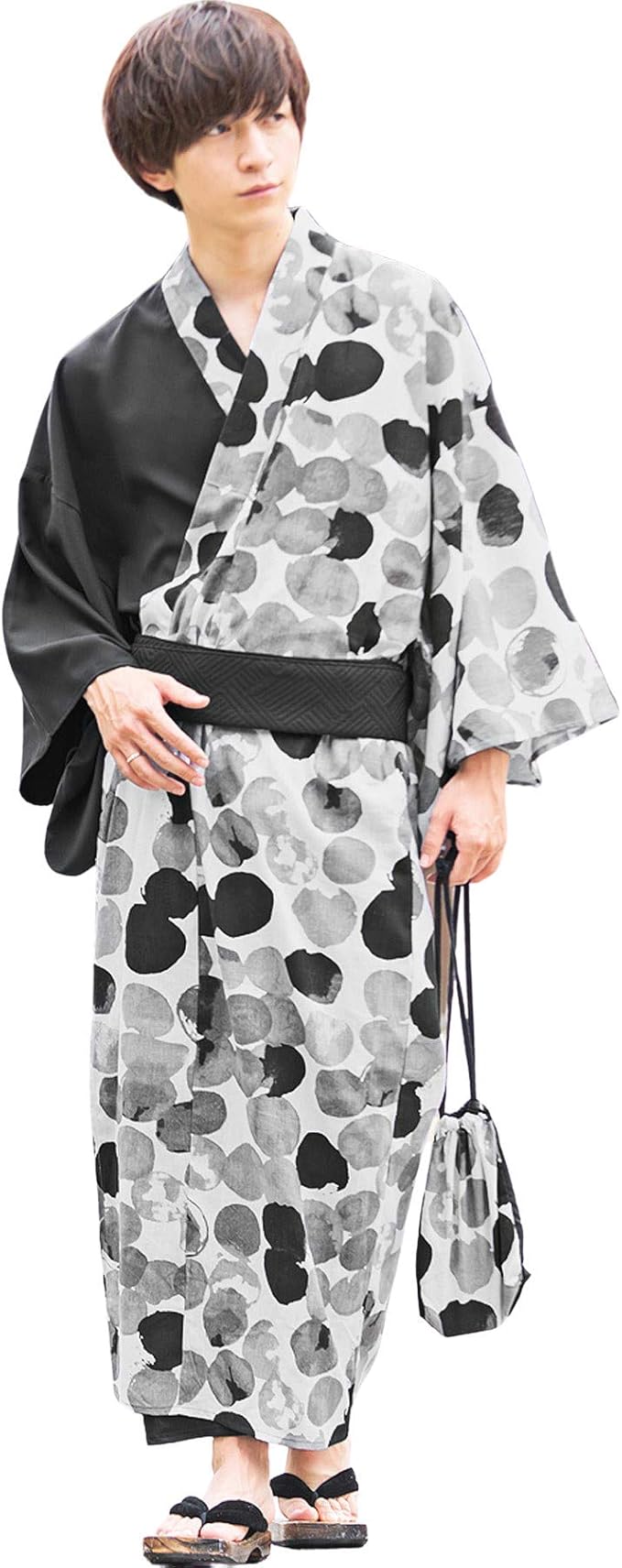 Amazon マイノリティ Minority 4点セット サークルアート柄切替浴衣 メンズ 帯 巾着 下駄 簡易 浴衣 通販
