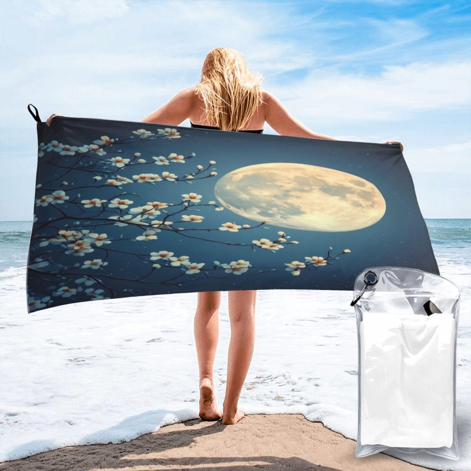 Anceky Full Moon Behind Cherry Blossoms Night Sky Quick Dry Microfiber Travel Towel with Carry Case and Carabiner 27.5"X55"