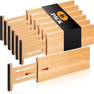 Fabsome 6-Pack Bamboo Drawer Dividers - Adjustable 12.5-17" for Dresser, Clothing, Baby Clothes & Nursery Organization, 4.65" High Spring-Loaded with Foam Ends