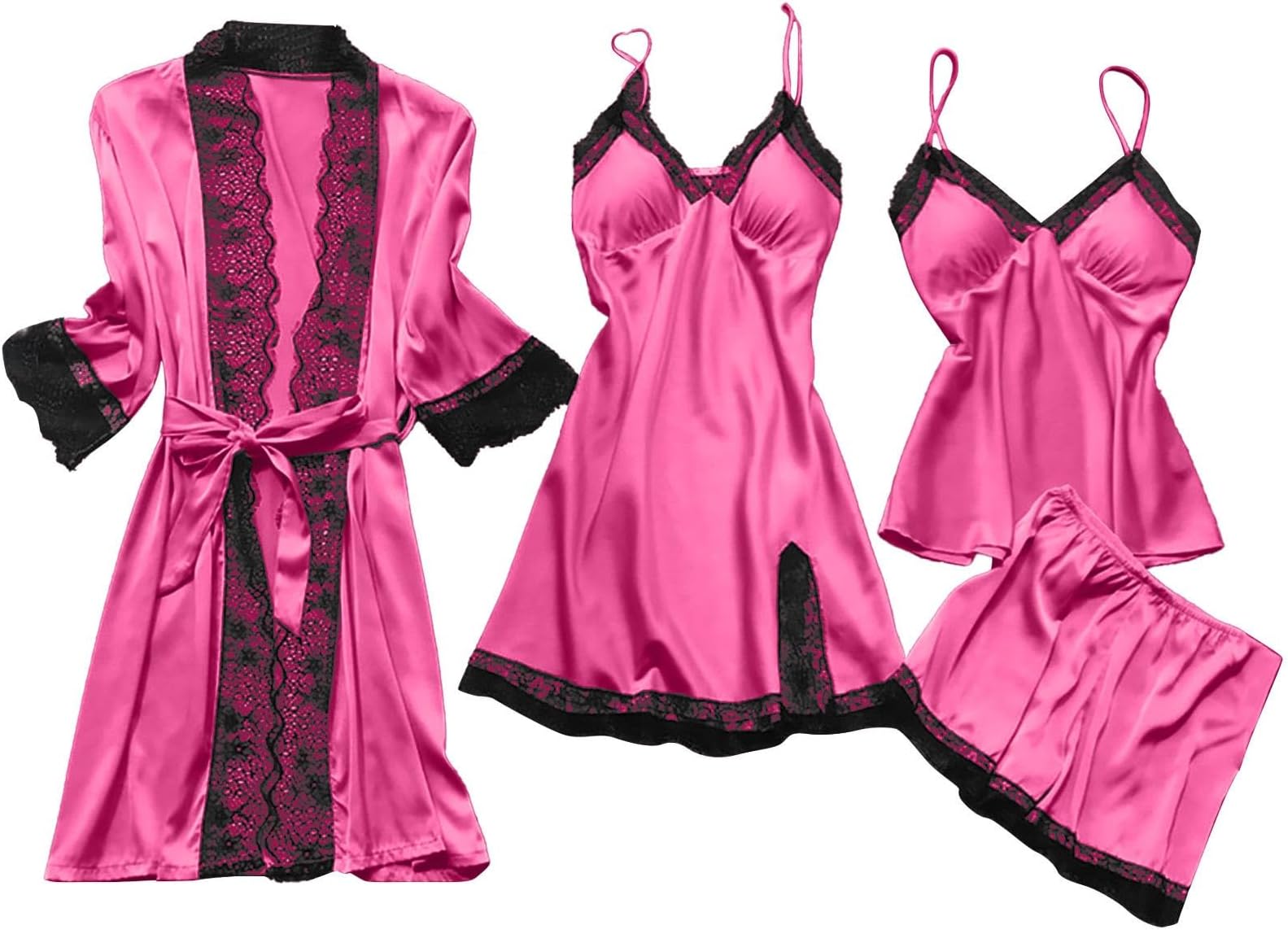 BOXIACEYWomen's Silk Satin Pajamas Set 4Pcs Lingerie Robe Babydoll Stain Sleepwear Lace Cami Top and Shorts Pajama Set