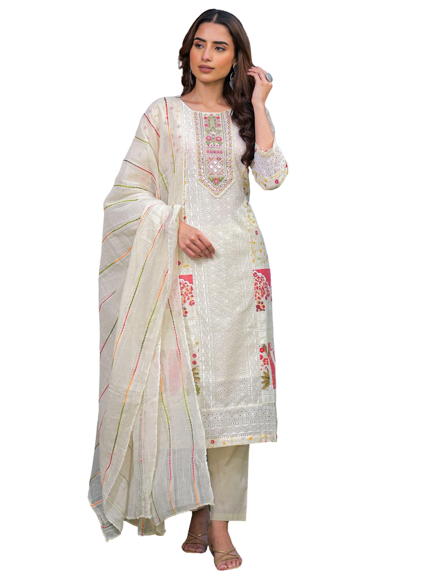 vaamsi Women's Cream Pure Cotton Printed Straight Ethnic Motifs Kurta Trousers With Dupatta Set | Fusion Straight Kurta Set For Women | Ethnic Motifs Salwar Suit For Women-picture-54
