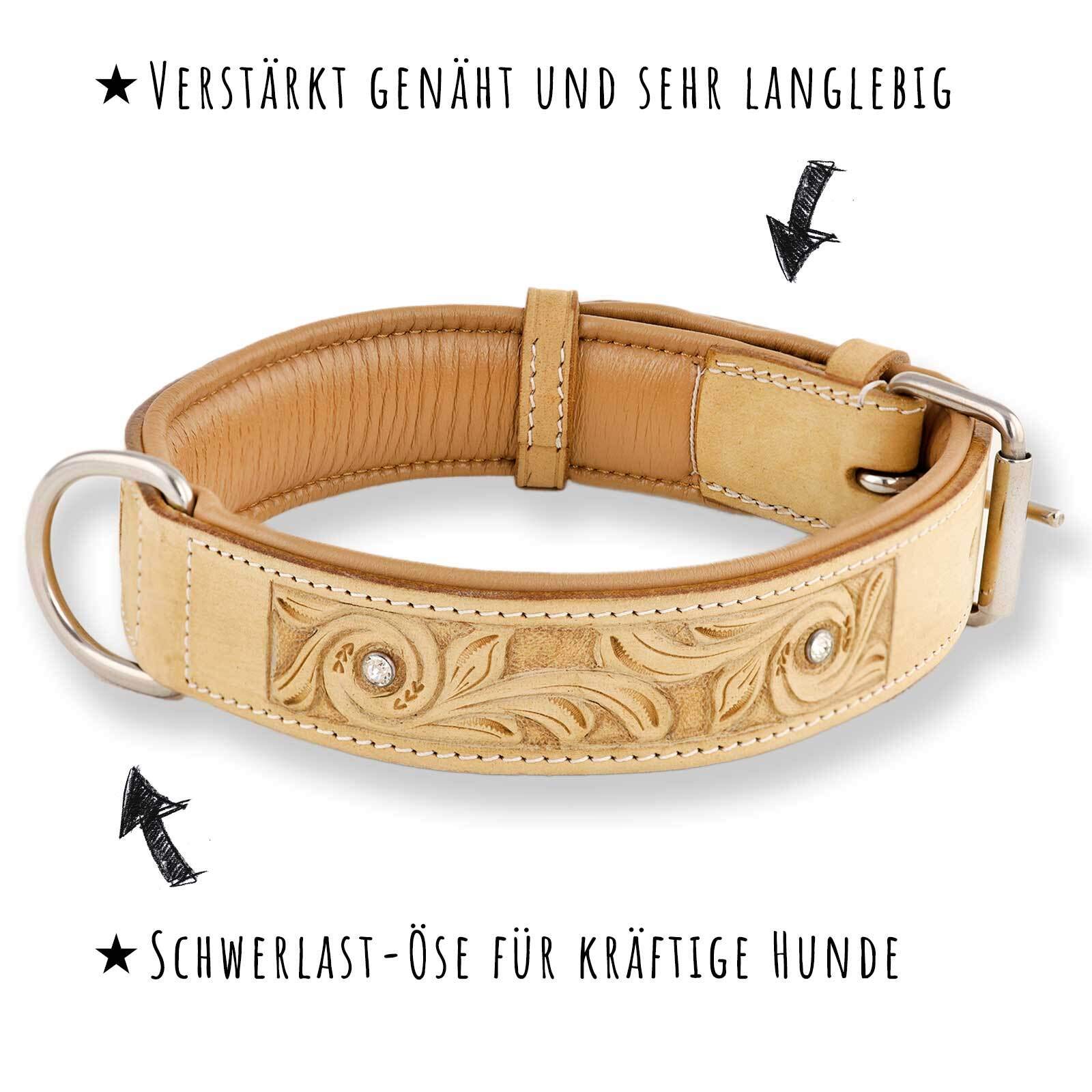 Hundehalsband aus Leder beige handgeschnitzt mit Premium-Kristallen L