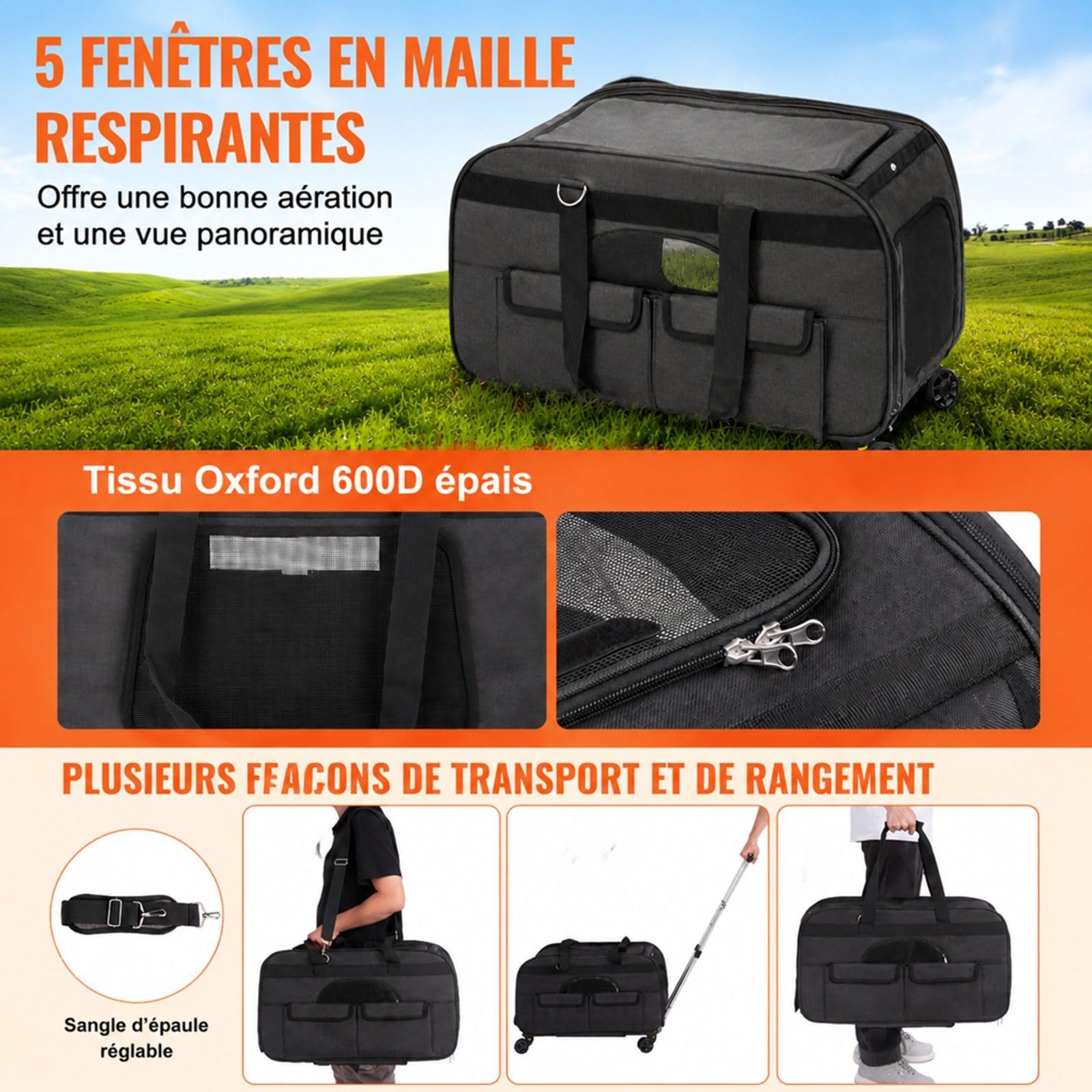 Sac de Transport Roulant pour Chat et Chien, Noir, avec poignée télescopique, bandoulière, Fermeture éclair autobloquante et gamelle Pliable, pour Voyage et Sorties