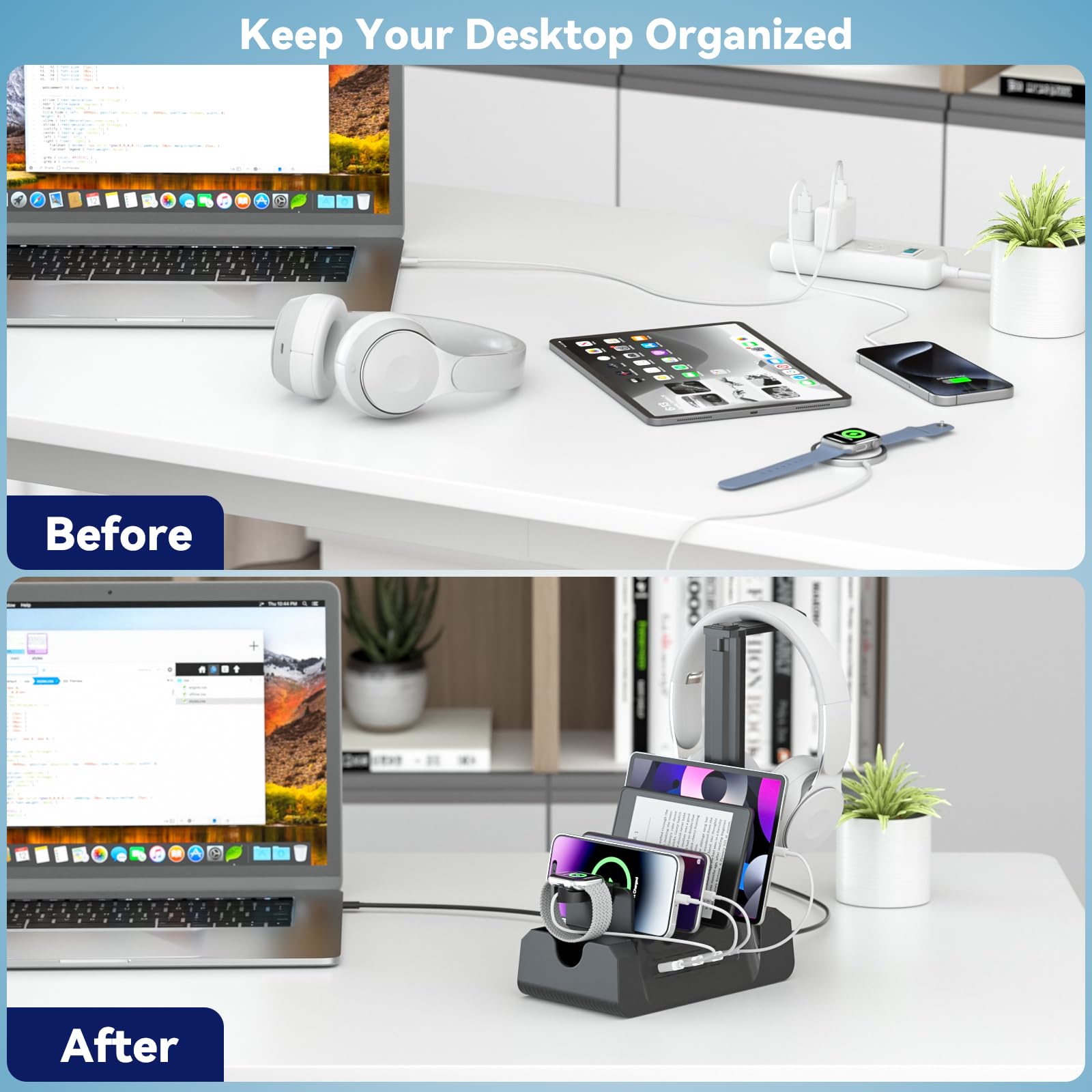 KDD Stazione di ricarica con 6 cavi di ricarica – Dock di ricarica rapida 6 in 1 per cellulare con supporto per cuffie e supporto per orologio, 2 AC e USB A e USB C, stazione di archiviazione per