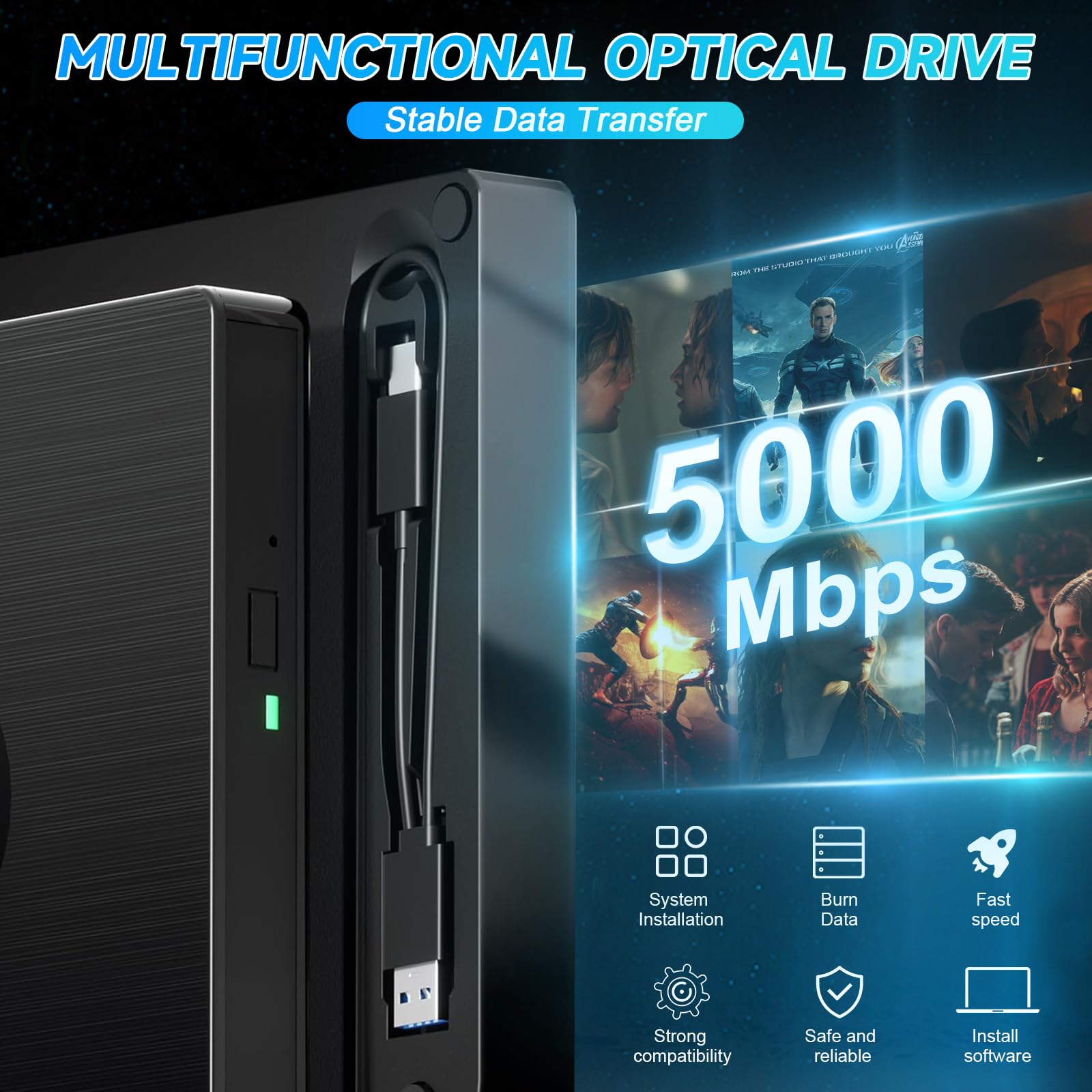 Lecteur Blu-ray externe 7 en 1 USB 3.0 Type-C, compatible avec lecteur Blu-ray externe BD DVD CD 100 Go, lecteur Bluray ultra fin avec port TF/SD, compatible avec Windows XP/7/8/10/11 Mac