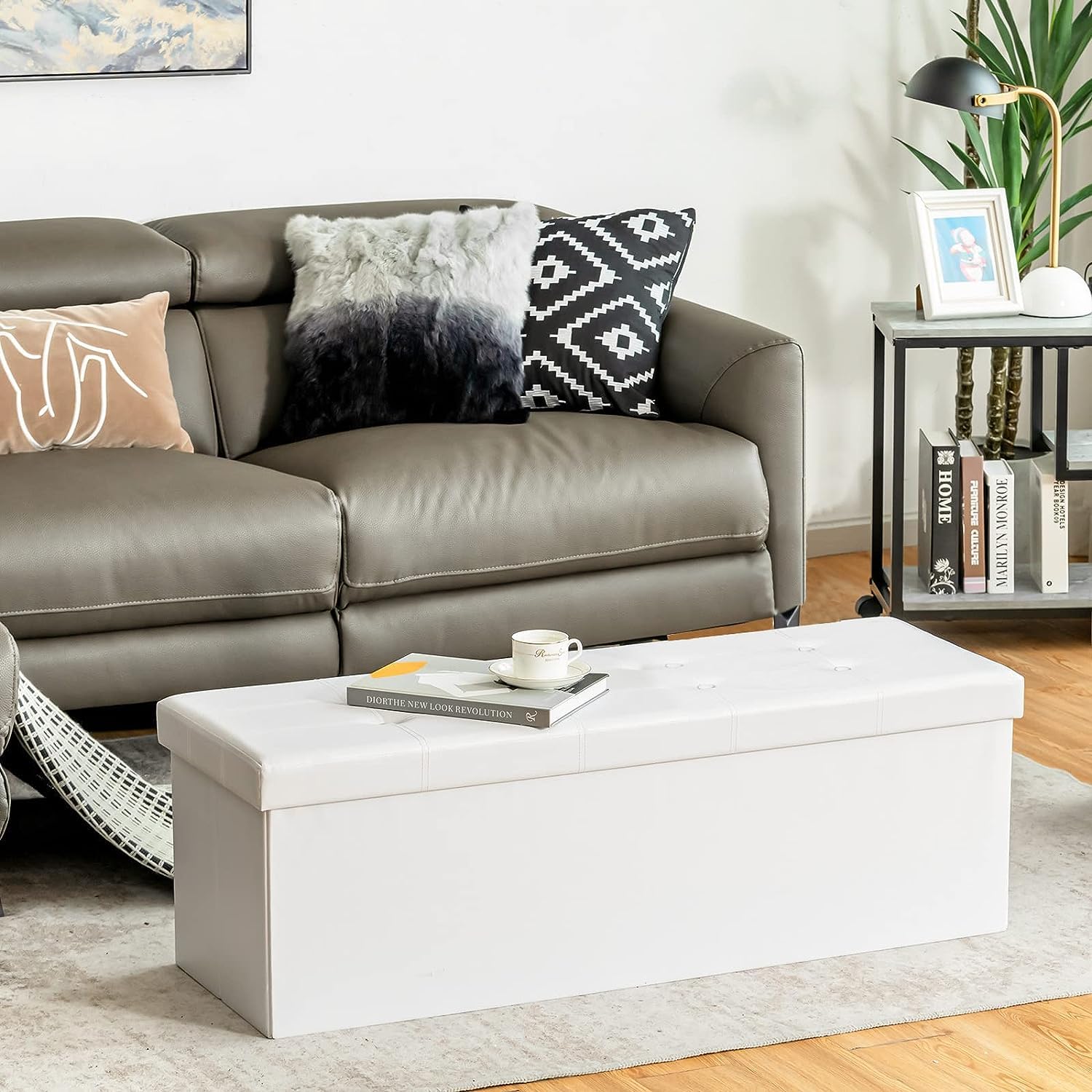 BOLLI Pouf avec Espace de Rangement 110x38x38 cm, Canapé Pouf avec Coffre de Rangement, Repose-Pieds en Forme de Cube avec Couvercle Rembo - Blanc