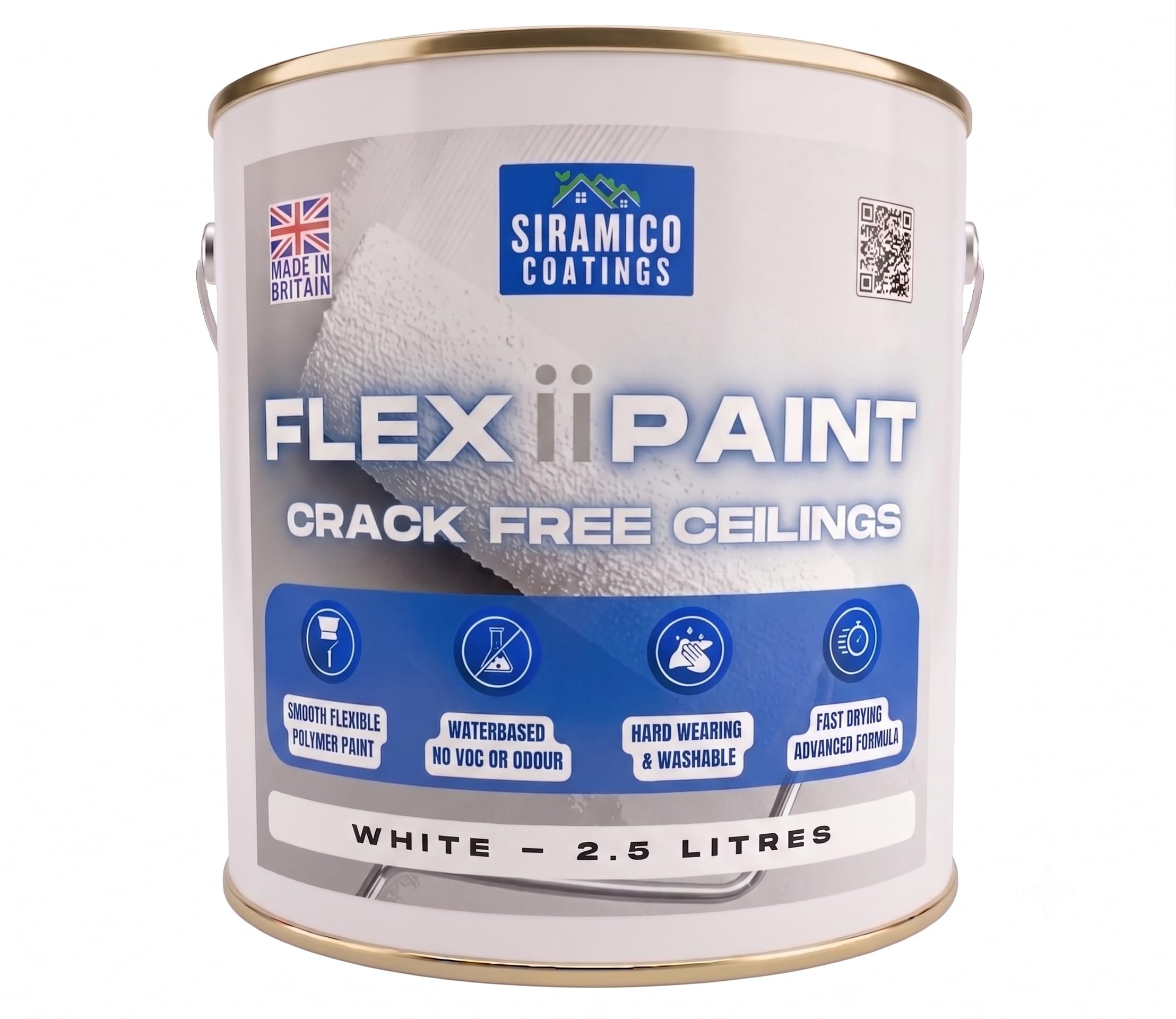 SIRAMICO COATINGS FlexiiPaint | White - 2.5 Litre | Crack Resistant Ceiling and Wall Paint