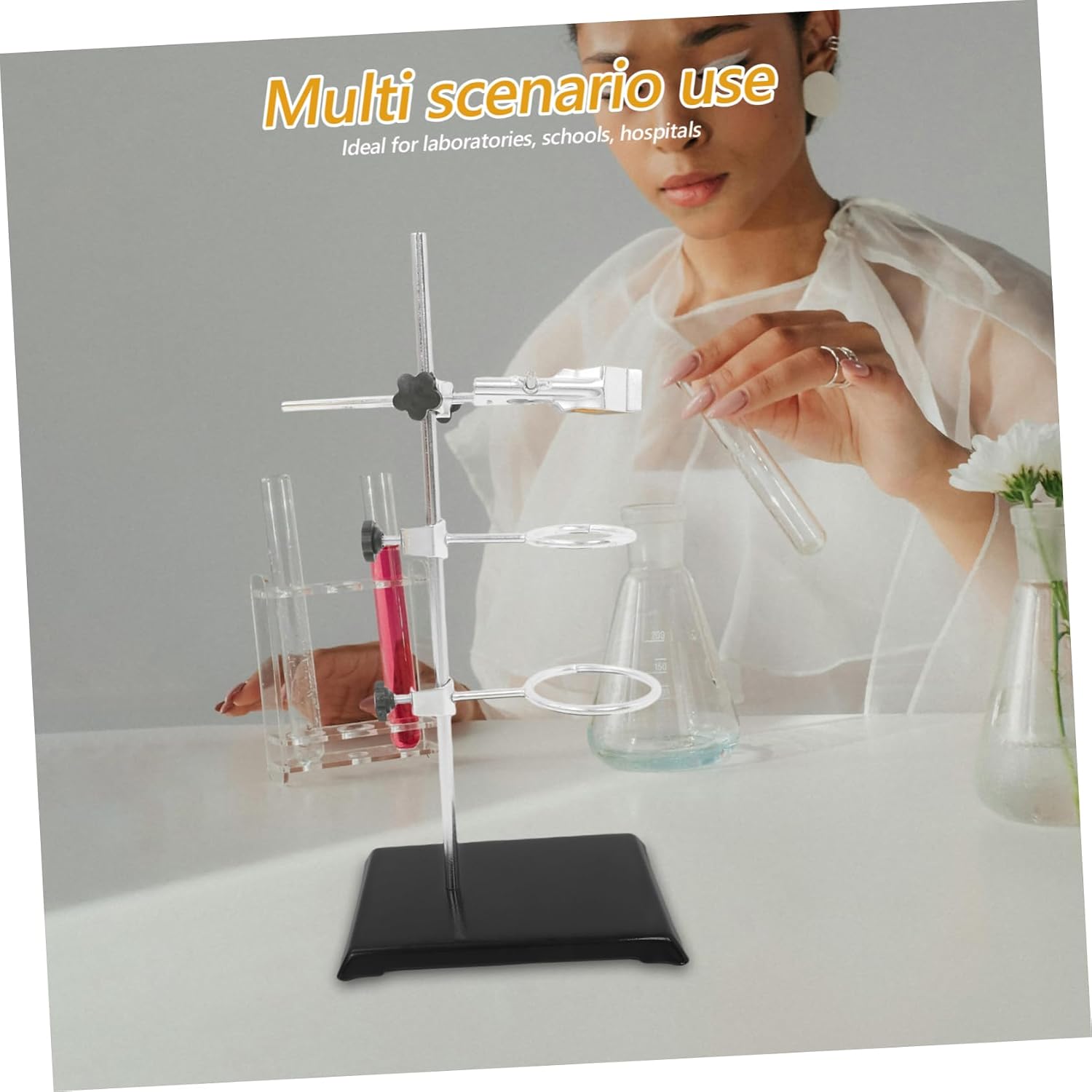 Adjustable Laboratory Ring Stand with Heavy Duty Base and Multiple Ring Clamps for Flask Support Chemical Experiments Sturdy Lab Equipment for Schools and Research Facilities