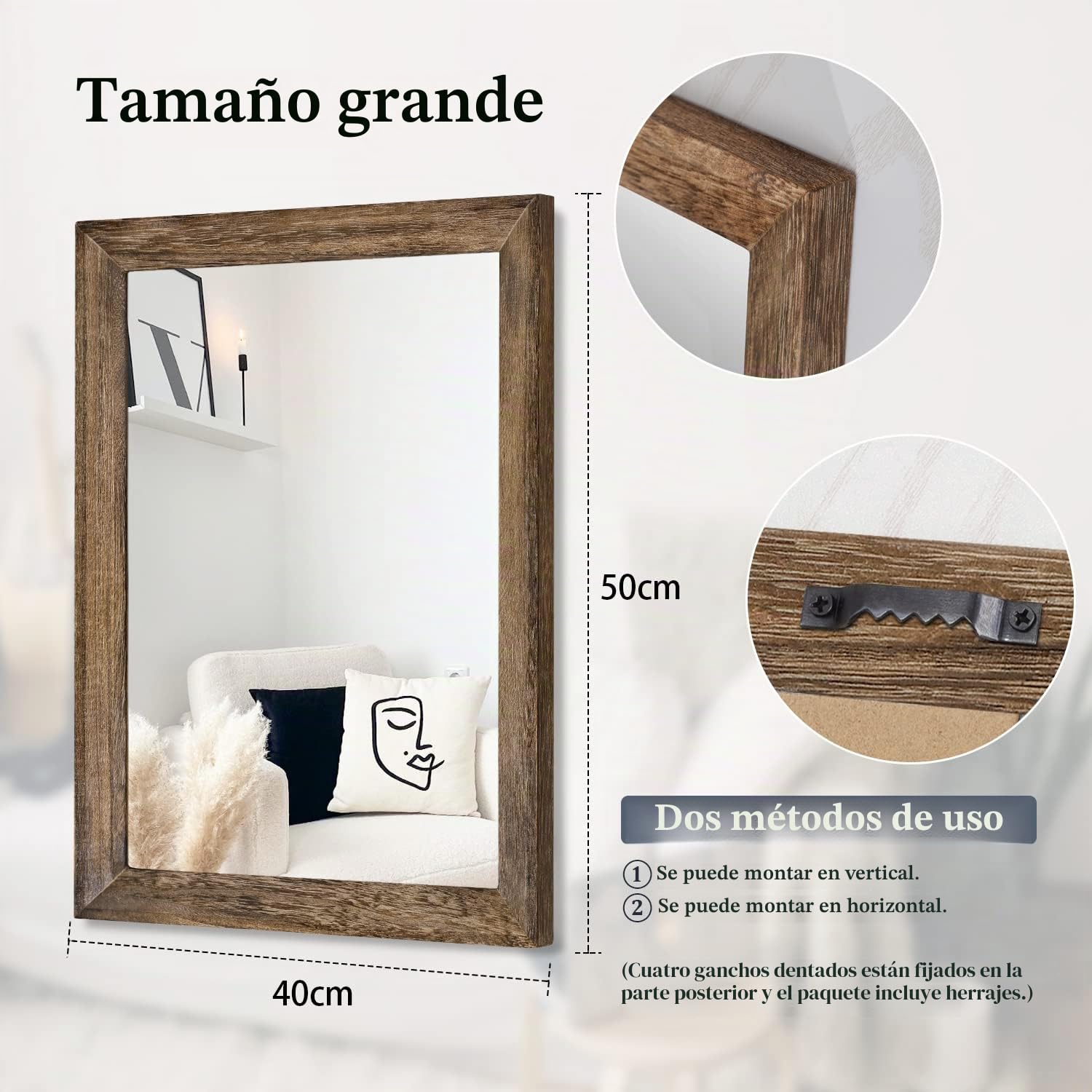 AAZZKANG Espejo de madera rústica - Espejo decorativo de pared rectangular grande, 50 x 40 cm, marco marrón para dormitorio, sala de estar, baño