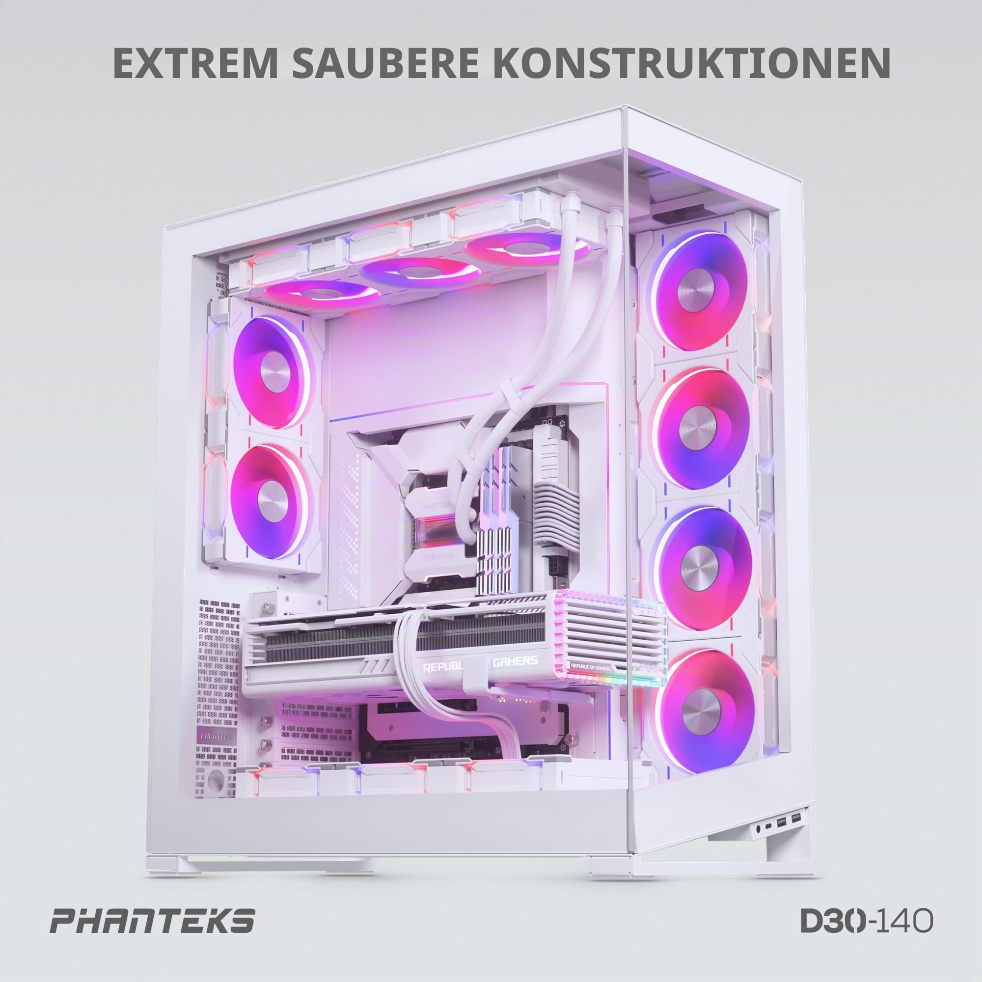 Phanteks D30-140 PWM D-RGB Lüfter Weiß | 140mm Gehäuselüfter, Reversed Airflow, ARGB Beleuchtung, Daisy-Chain System, 30mm Tiefe