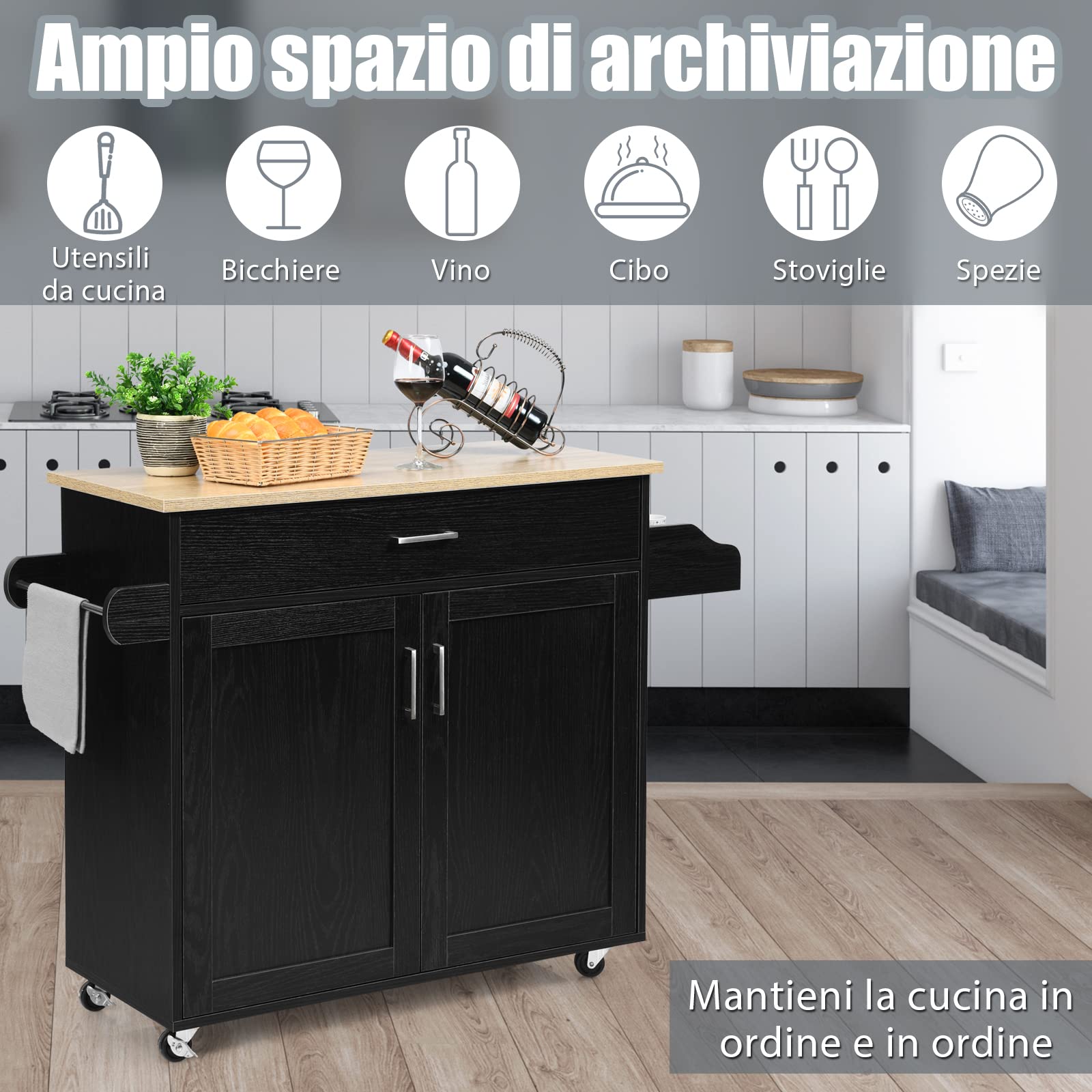 COSTWAY Carrello da Cucina con Ruote di Gomma, Scaffale per Microonde Carrello Servizio, Mobile Cucina con Ripiani e Ante, Credenza Cucina Legno Moderno Elegante, 116 x 37 x 85 cm (Nero)